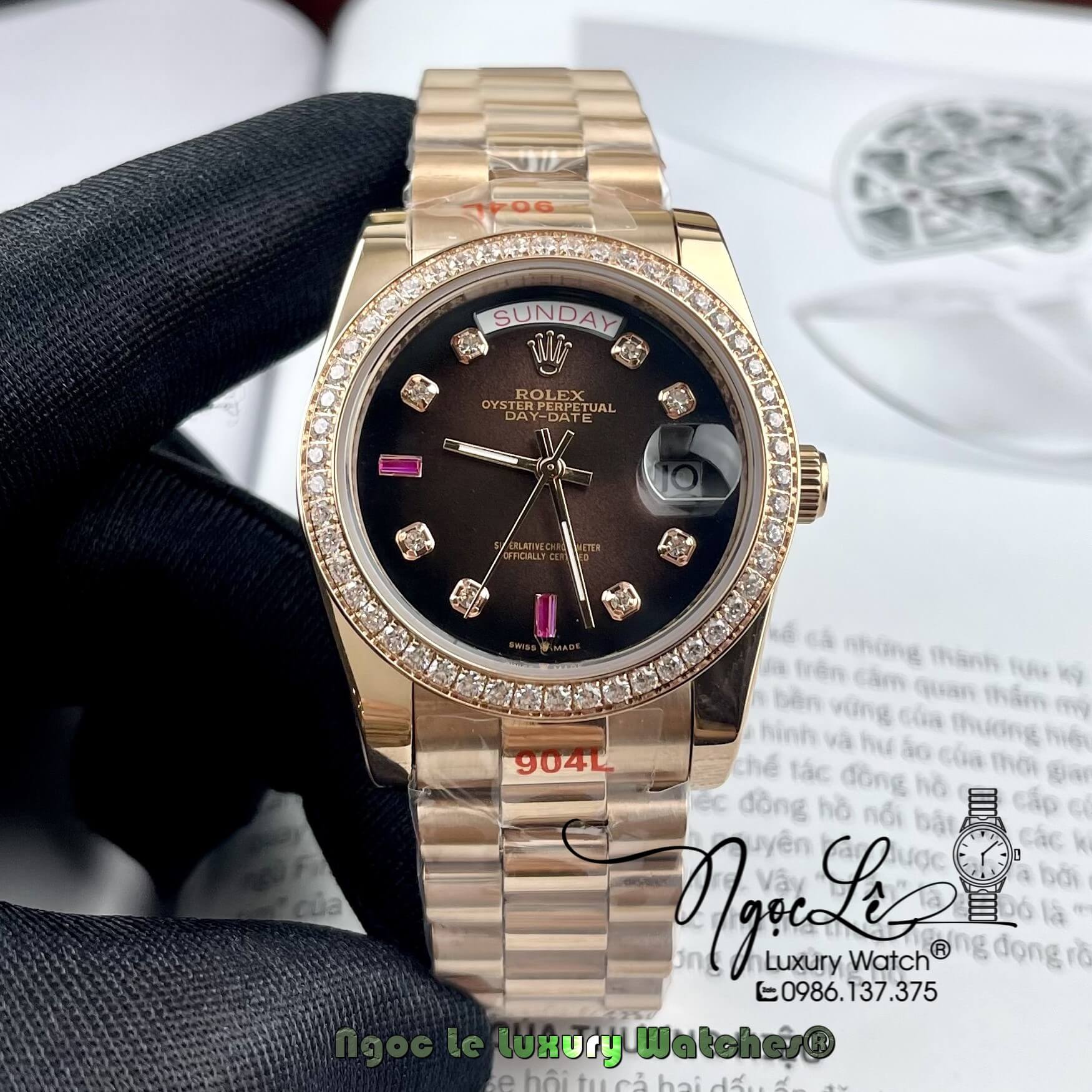Đồng Hồ Rolex Day-Date Automatic Dây Kim Loại Vàng Hồng Mặt Nâu Đính Đá 36mm