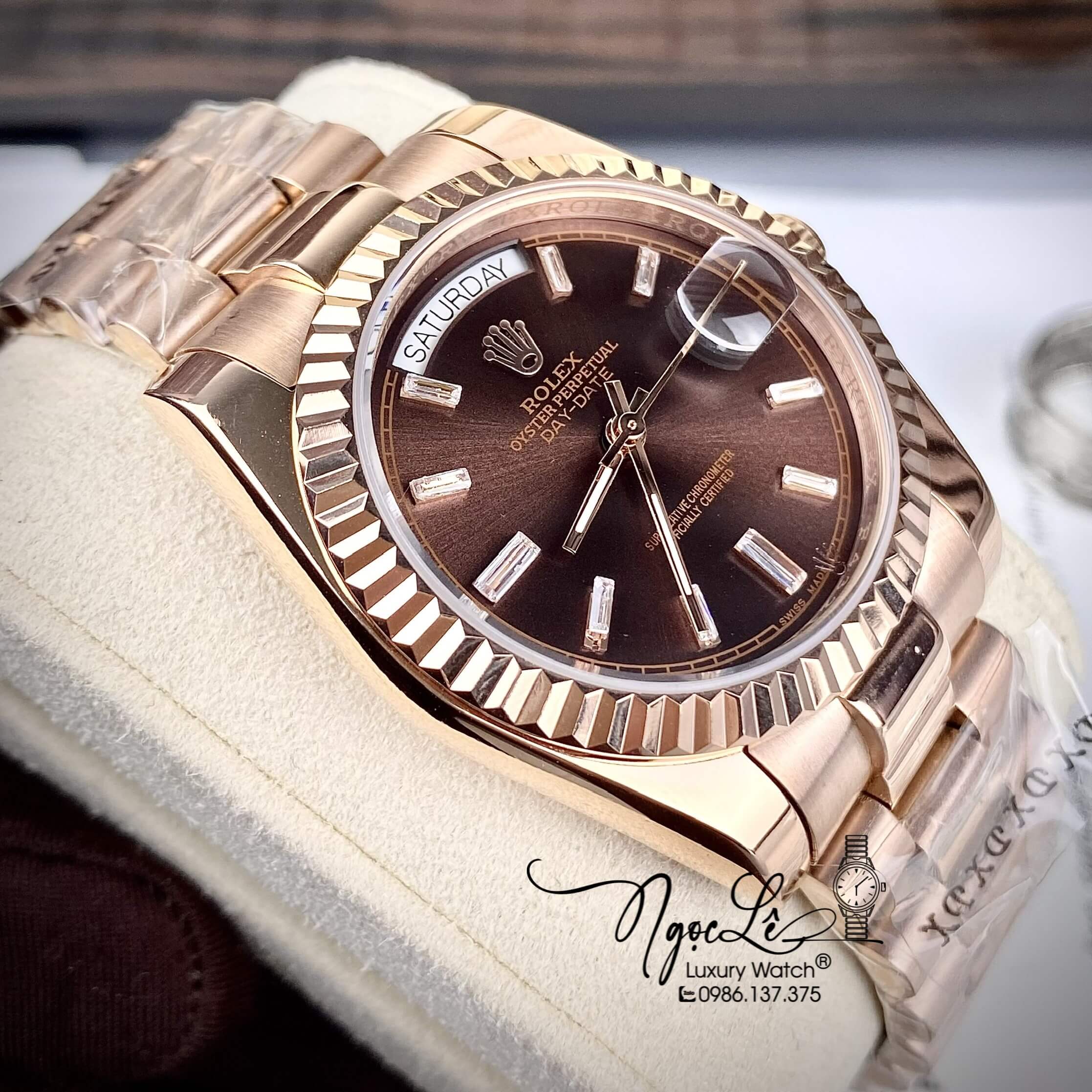 Đồng Hồ Rolex Day-Date Automatic Nam Dây Kim Loại Rose Mặt Nâu Niềng Khía Size 41mm