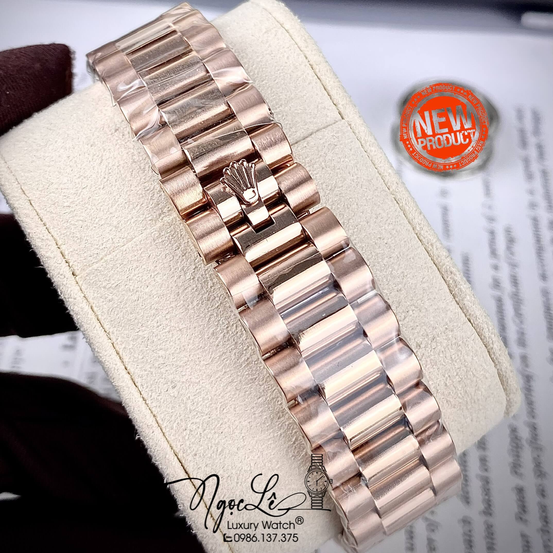 Đồng Hồ Rolex Day-Date Automatic Nam Dây Kim Loại Rose Mặt Nâu Niềng Khía Size 41mm