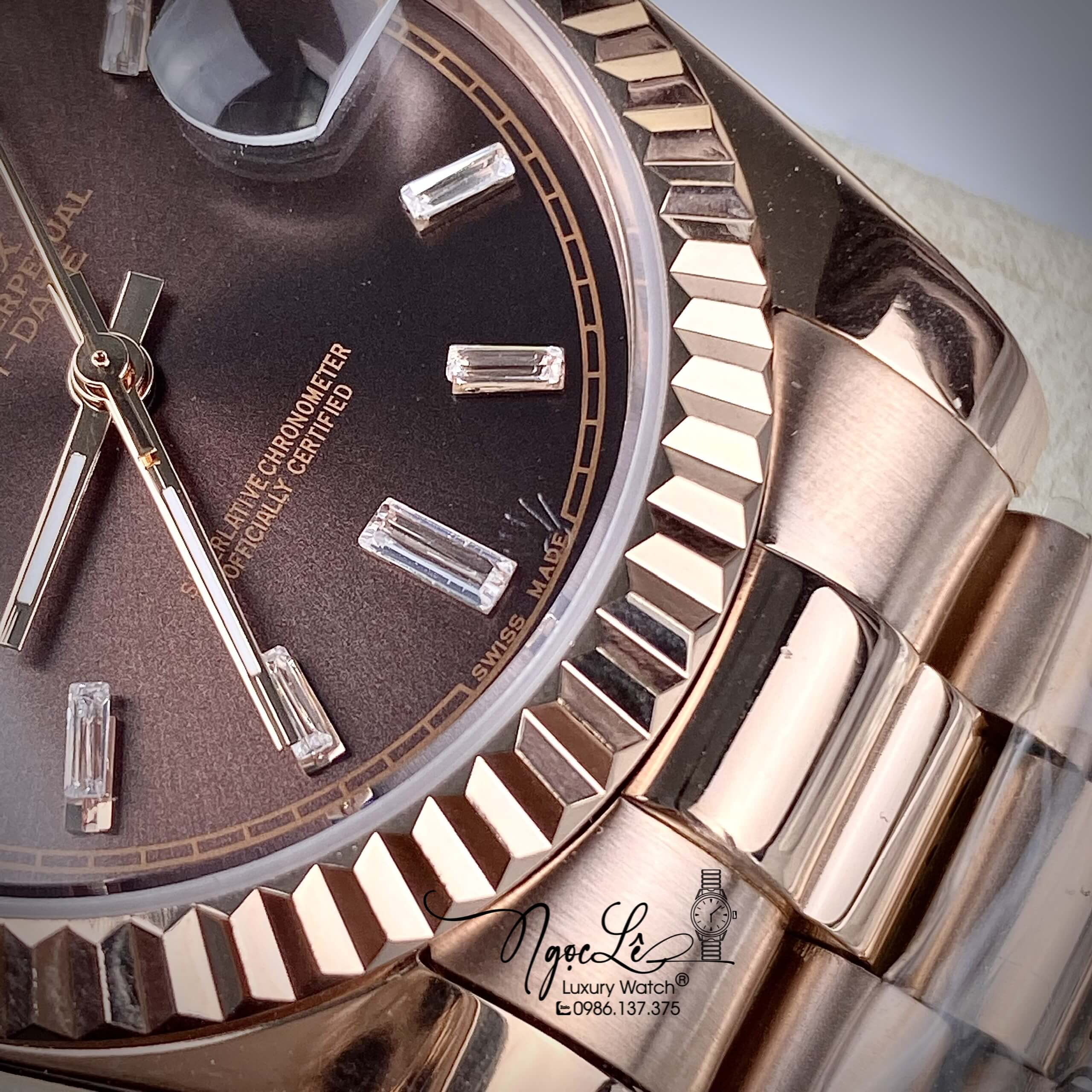 Đồng Hồ Rolex Day-Date Automatic Nam Dây Kim Loại Rose Mặt Nâu Niềng Khía Size 41mm