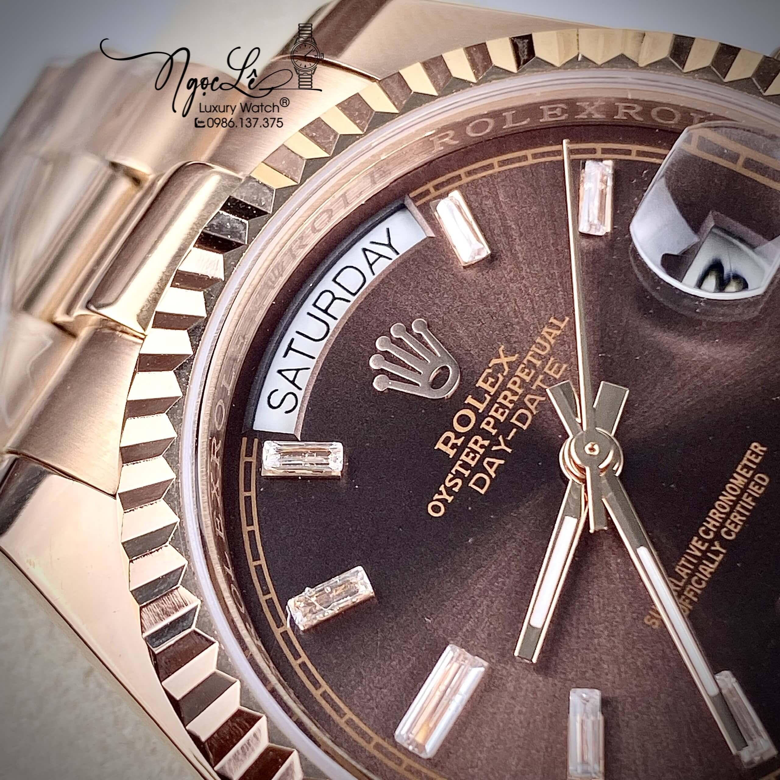 Đồng Hồ Rolex Day-Date Automatic Nam Dây Kim Loại Rose Mặt Nâu Niềng Khía Size 41mm