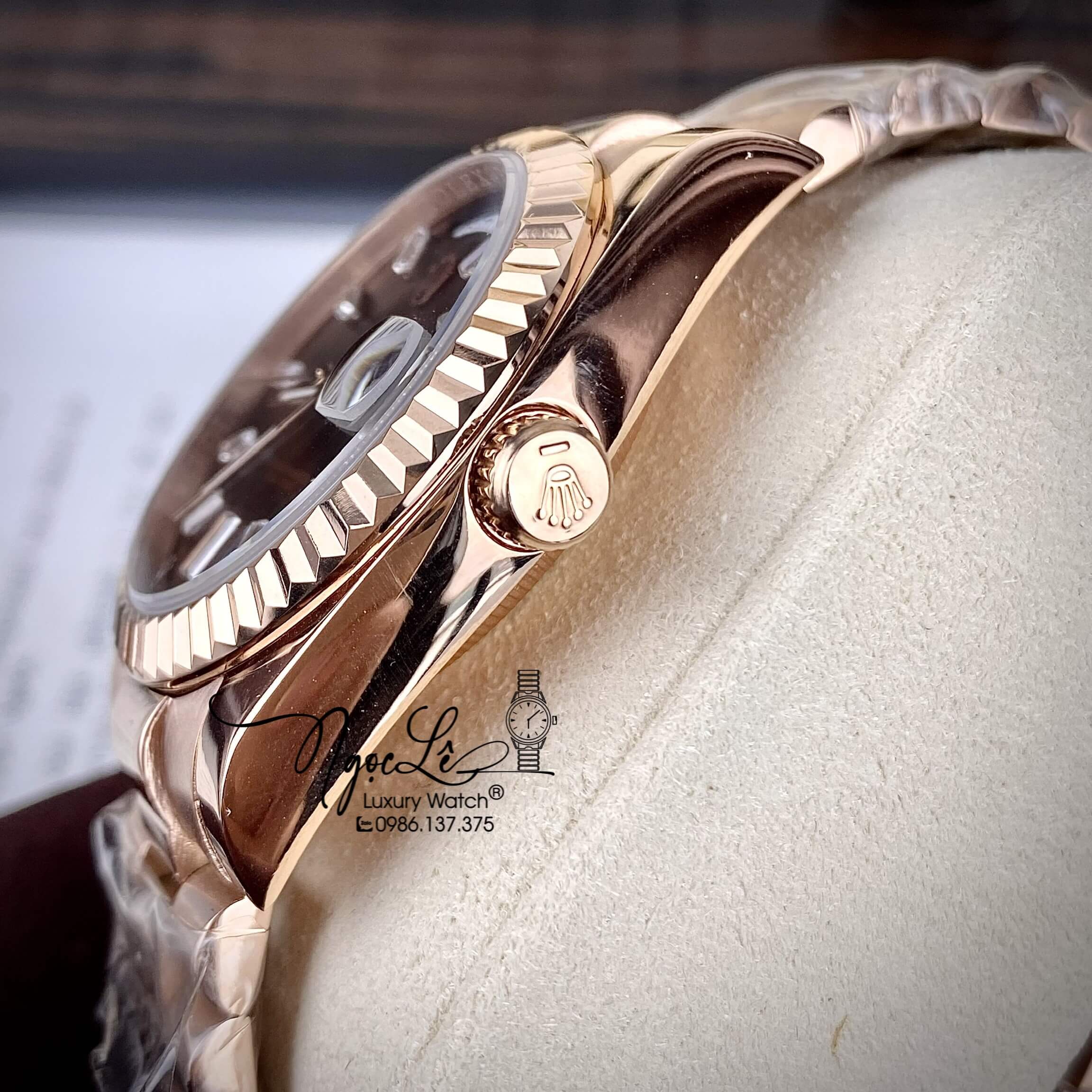 Đồng Hồ Rolex Day-Date Automatic Nam Dây Kim Loại Rose Mặt Nâu Niềng Khía Size 41mm