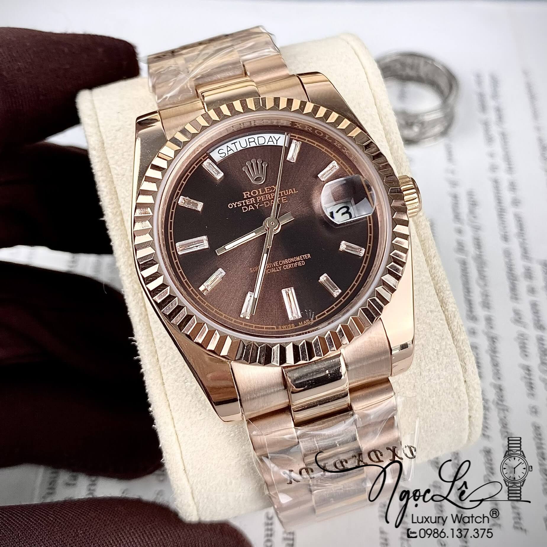 Đồng Hồ Rolex Day-Date Automatic Nam Dây Kim Loại Rose Mặt Nâu Niềng Khía Size 41mm