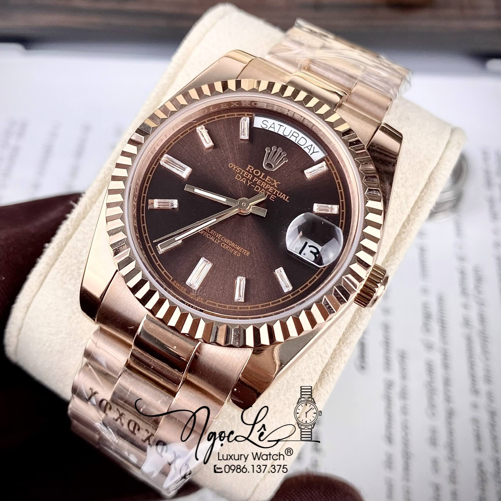 Đồng Hồ Rolex Day-Date Automatic Nam Dây Kim Loại Rose Mặt Nâu Niềng Khía Size 41mm