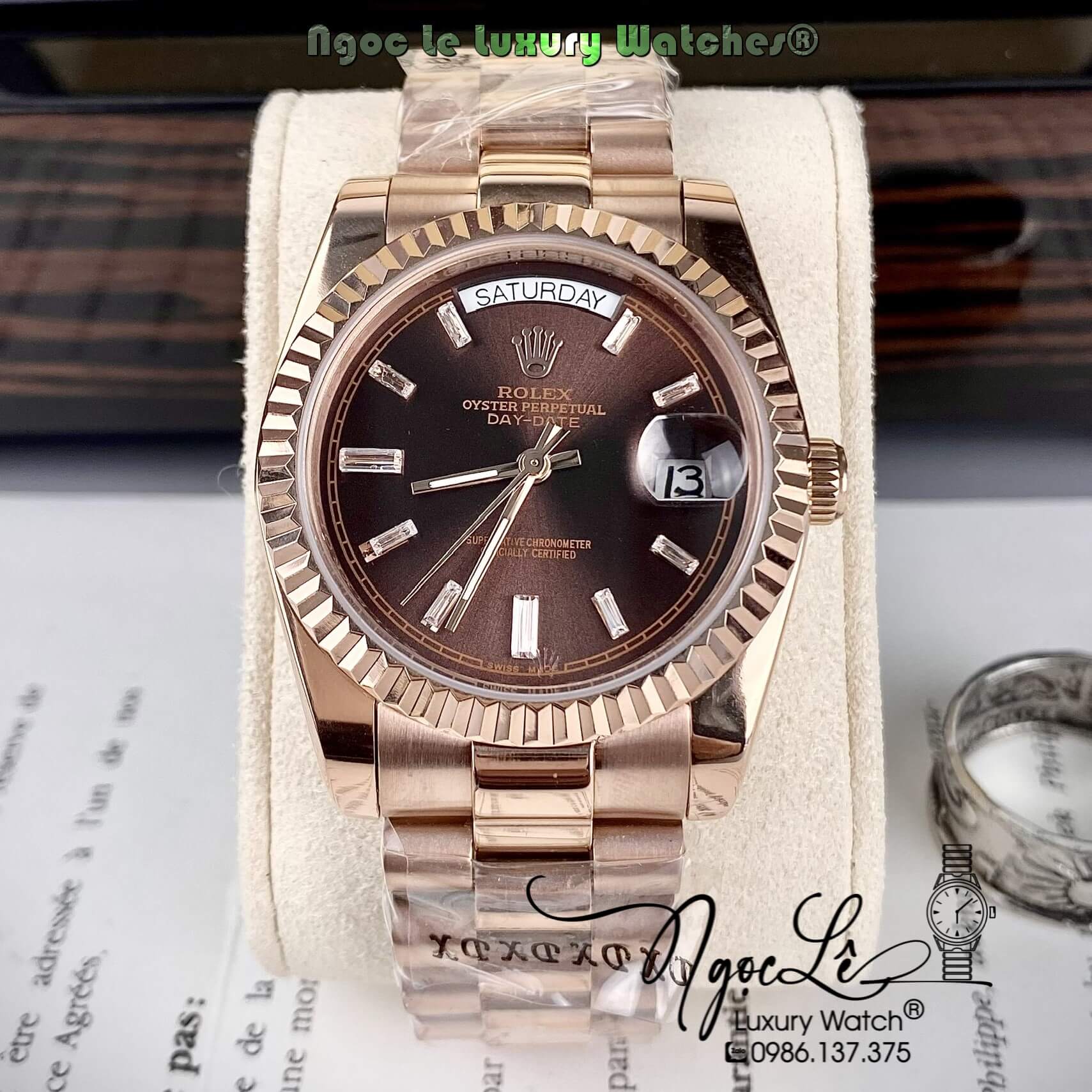 Đồng Hồ Rolex Day-Date Automatic Nam Dây Kim Loại Rose Mặt Nâu Niềng Khía Size 41mm