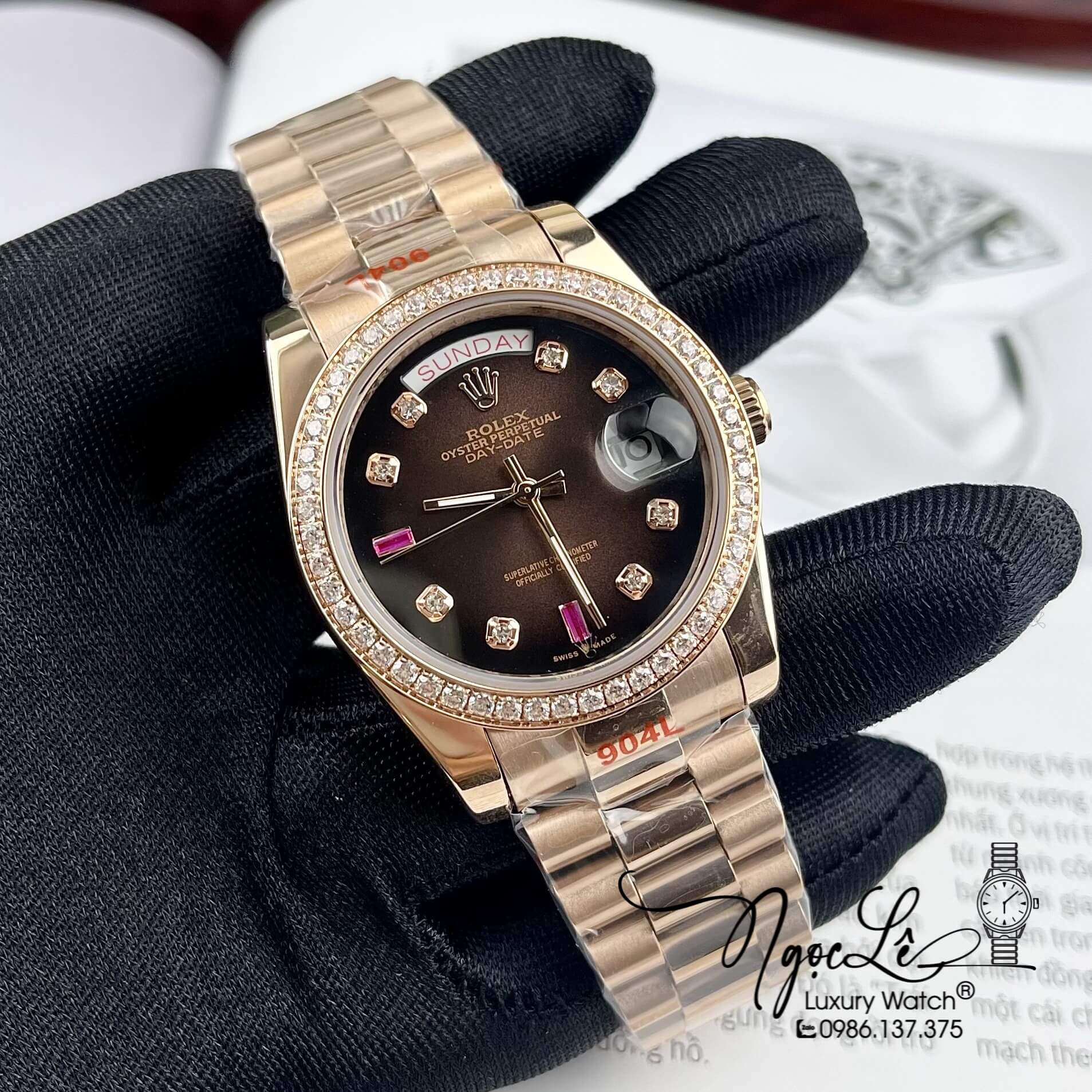Đồng Hồ Rolex Day-Date Automatic Dây Kim Loại Vàng Hồng Mặt Nâu Đính Đá 36mm