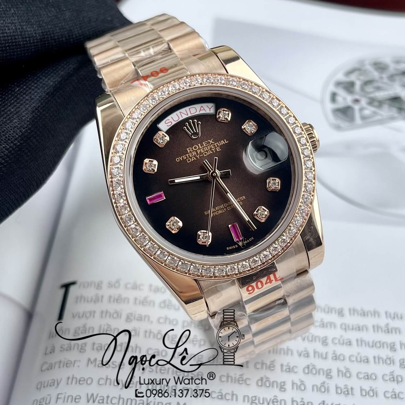 Đồng Hồ Rolex Day-Date Automatic Dây Kim Loại Vàng Hồng Mặt Nâu Đính Đá 36mm