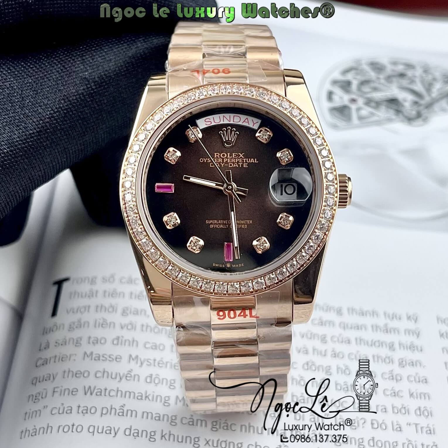 Đồng Hồ Rolex Day-Date Automatic Dây Kim Loại Vàng Hồng Mặt Nâu Đính Đá 36mm