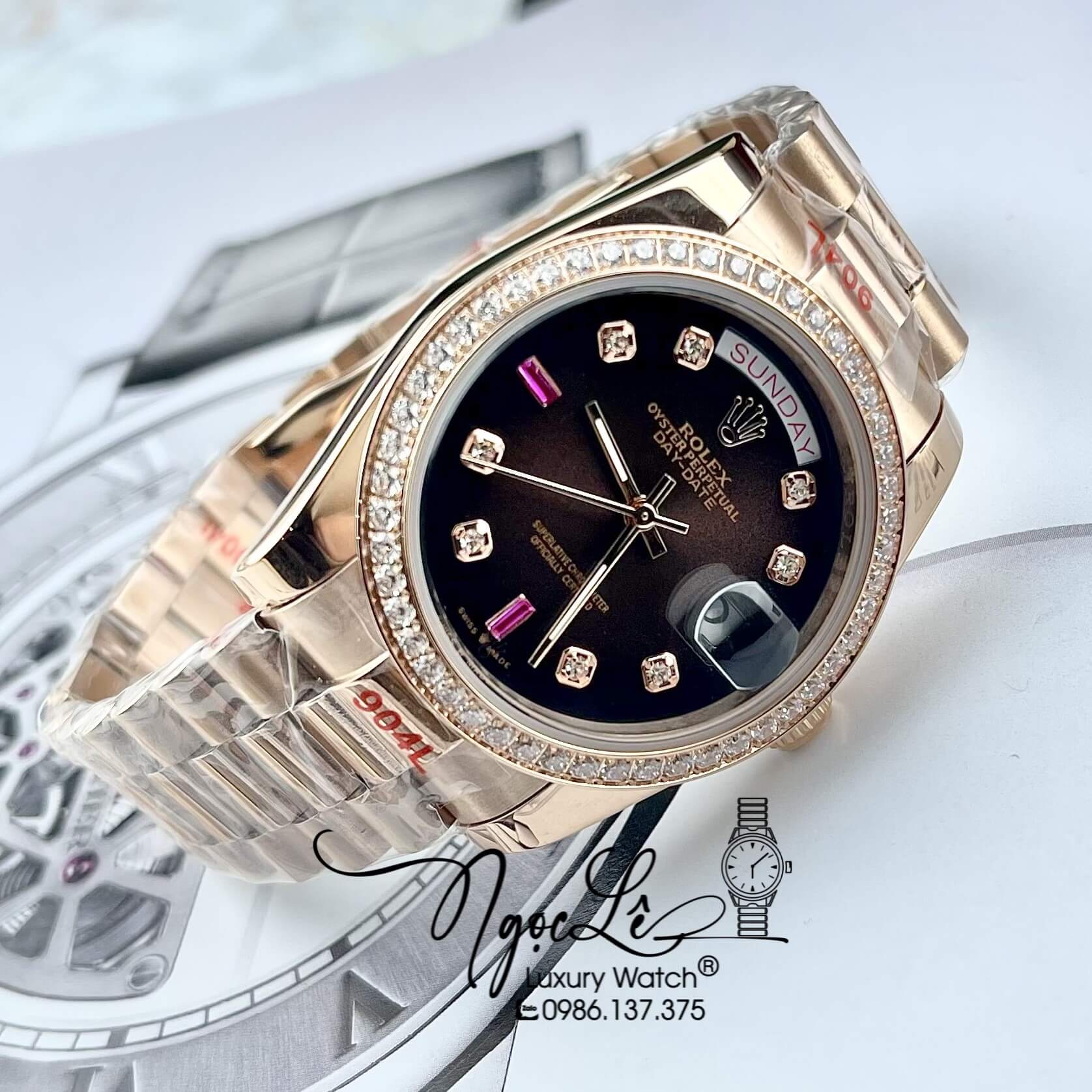 Đồng Hồ Rolex Day-Date Automatic Dây Kim Loại Vàng Hồng Mặt Nâu Đính Đá 36mm