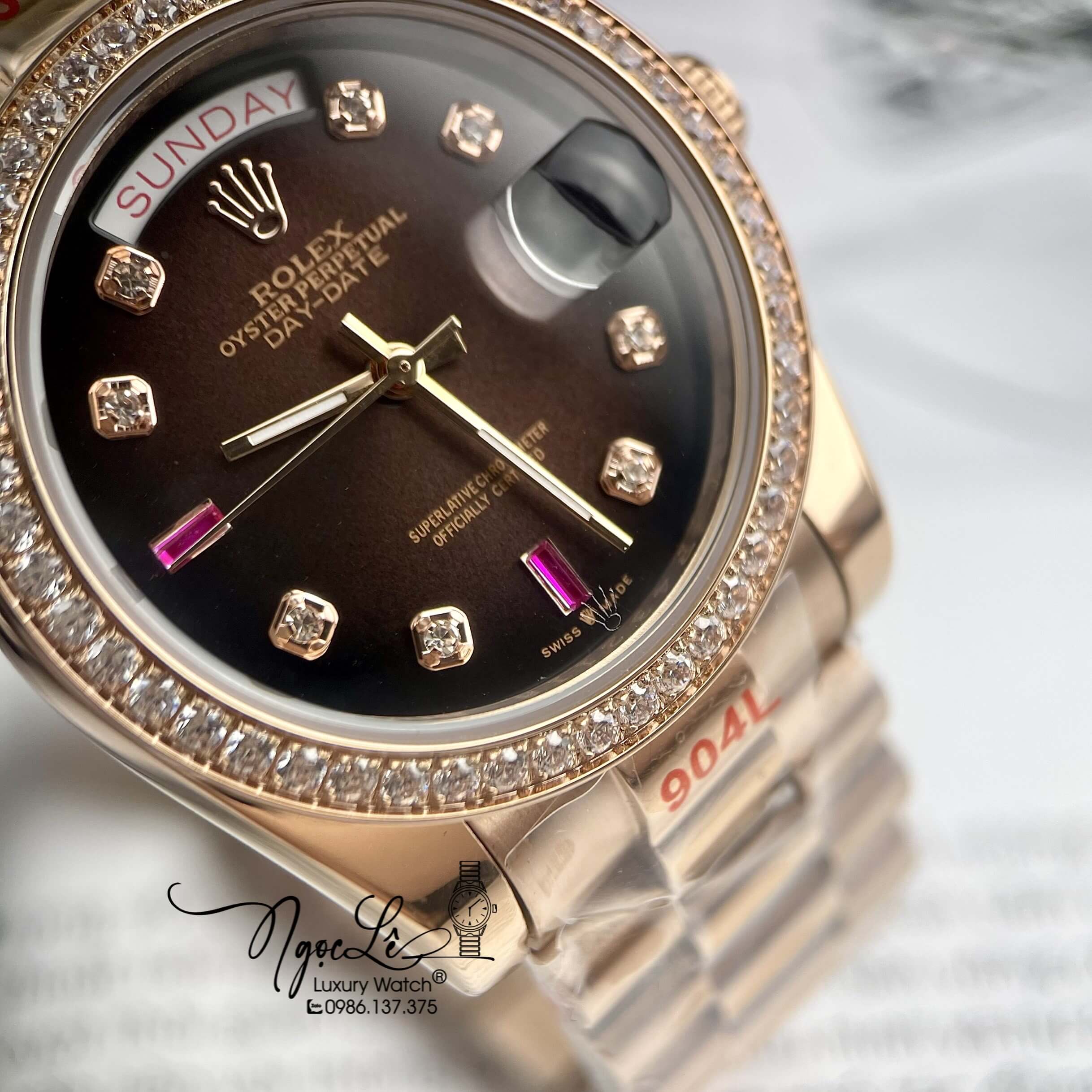 Đồng Hồ Rolex Day-Date Automatic Dây Kim Loại Vàng Hồng Mặt Nâu Đính Đá 36mm