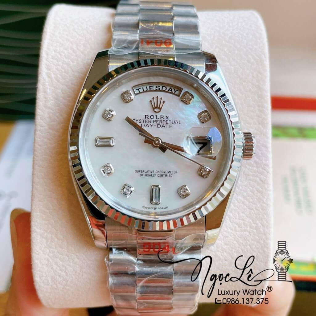 Đồng Hồ Rolex Day-Date Automatic Unisex Dây Kim Loại Bạc Mặt Xà Cừ Trắng 36mm