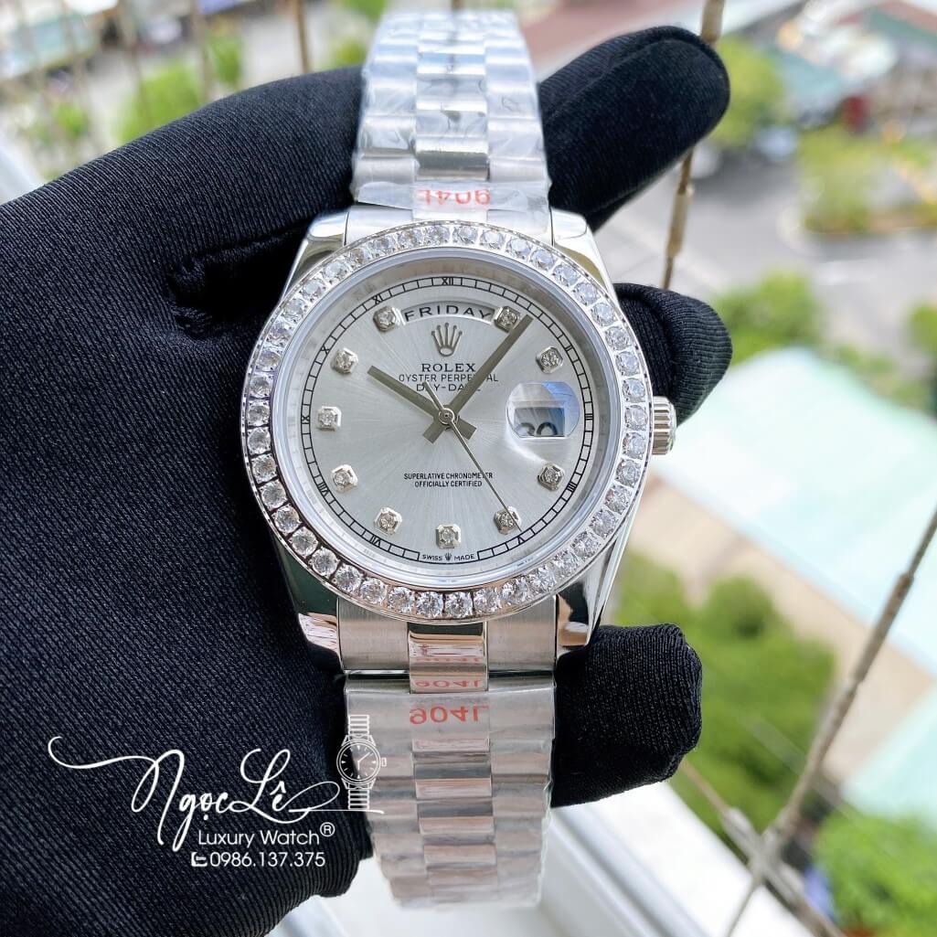 Đồng Hồ Rolex Day-Date Automatic Dây Kim Loại Bạc Mặt Trắng Đính Đá 41mm