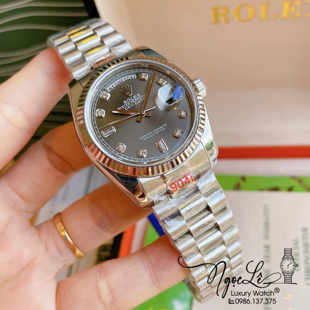 Đồng Hồ Rolex Day-Date Automatic Unisex Dây Kim Loại Bạc Mặt Xám 36mm