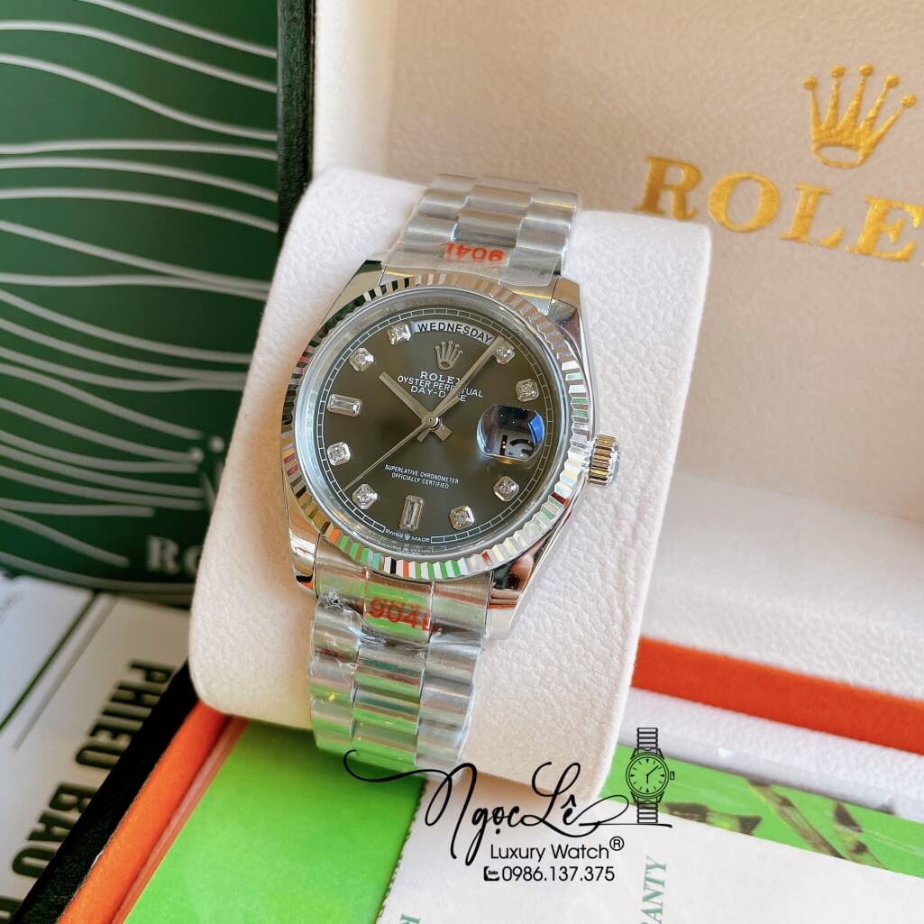 Đồng Hồ Rolex Day-Date Automatic Unisex Dây Kim Loại Bạc Mặt Xám 36mm