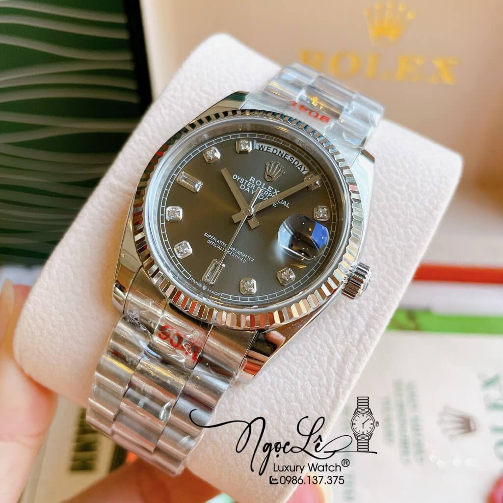 Đồng Hồ Rolex Day-Date Automatic Unisex Dây Kim Loại Bạc Mặt Xám 36mm