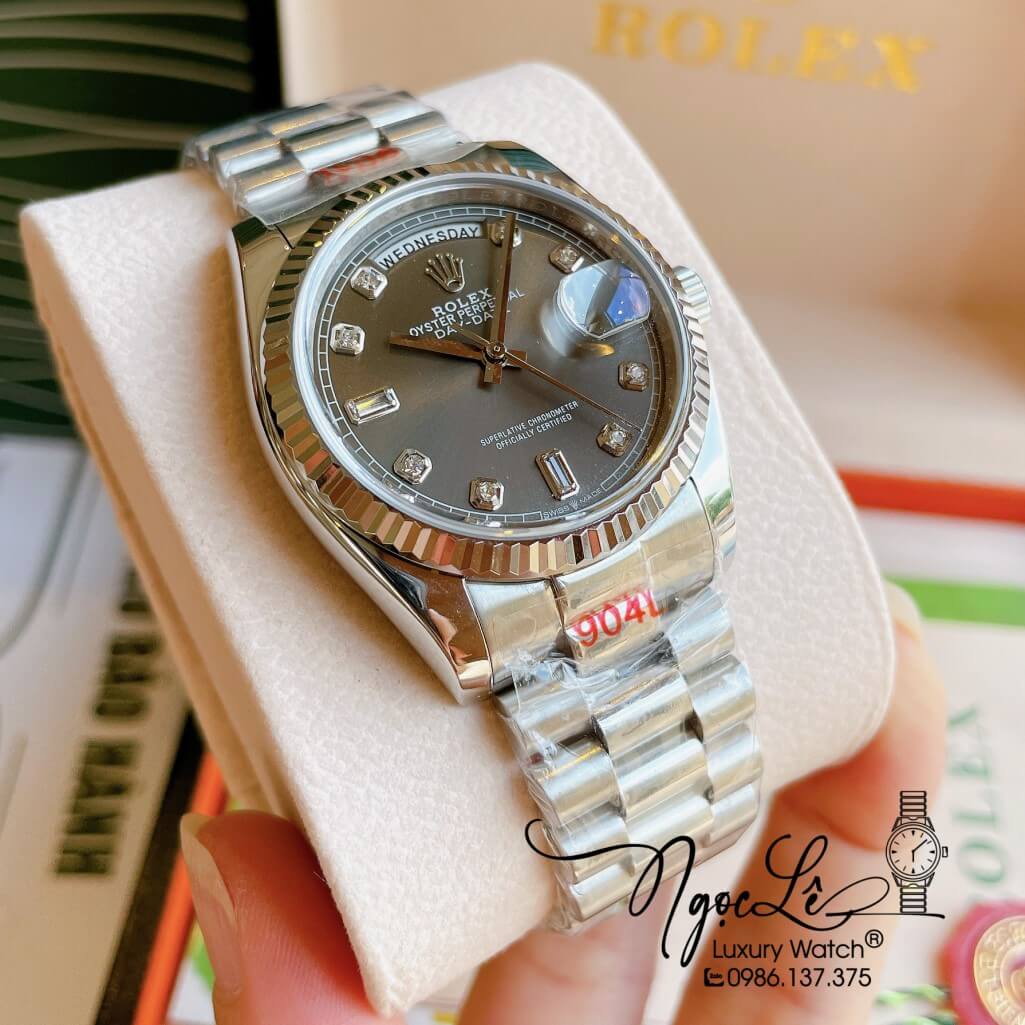 Đồng Hồ Rolex Day-Date Automatic Unisex Dây Kim Loại Bạc Mặt Xám 36mm