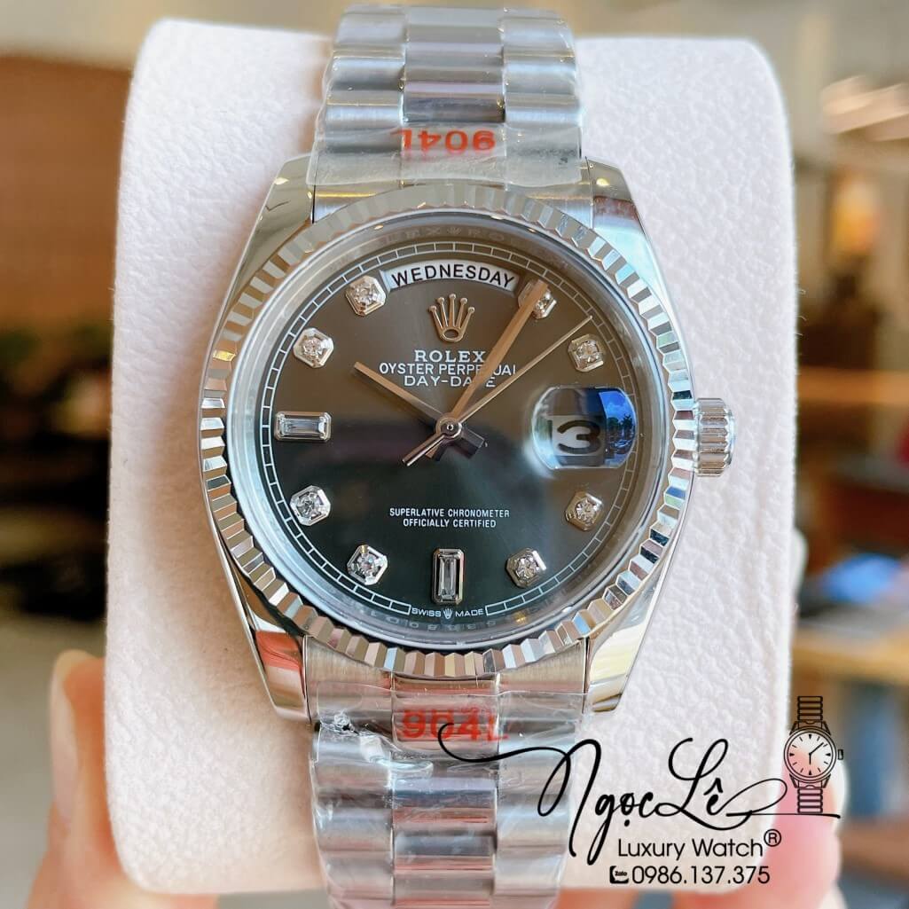 Đồng Hồ Rolex Day-Date Automatic Unisex Dây Kim Loại Bạc Mặt Xám 36mm