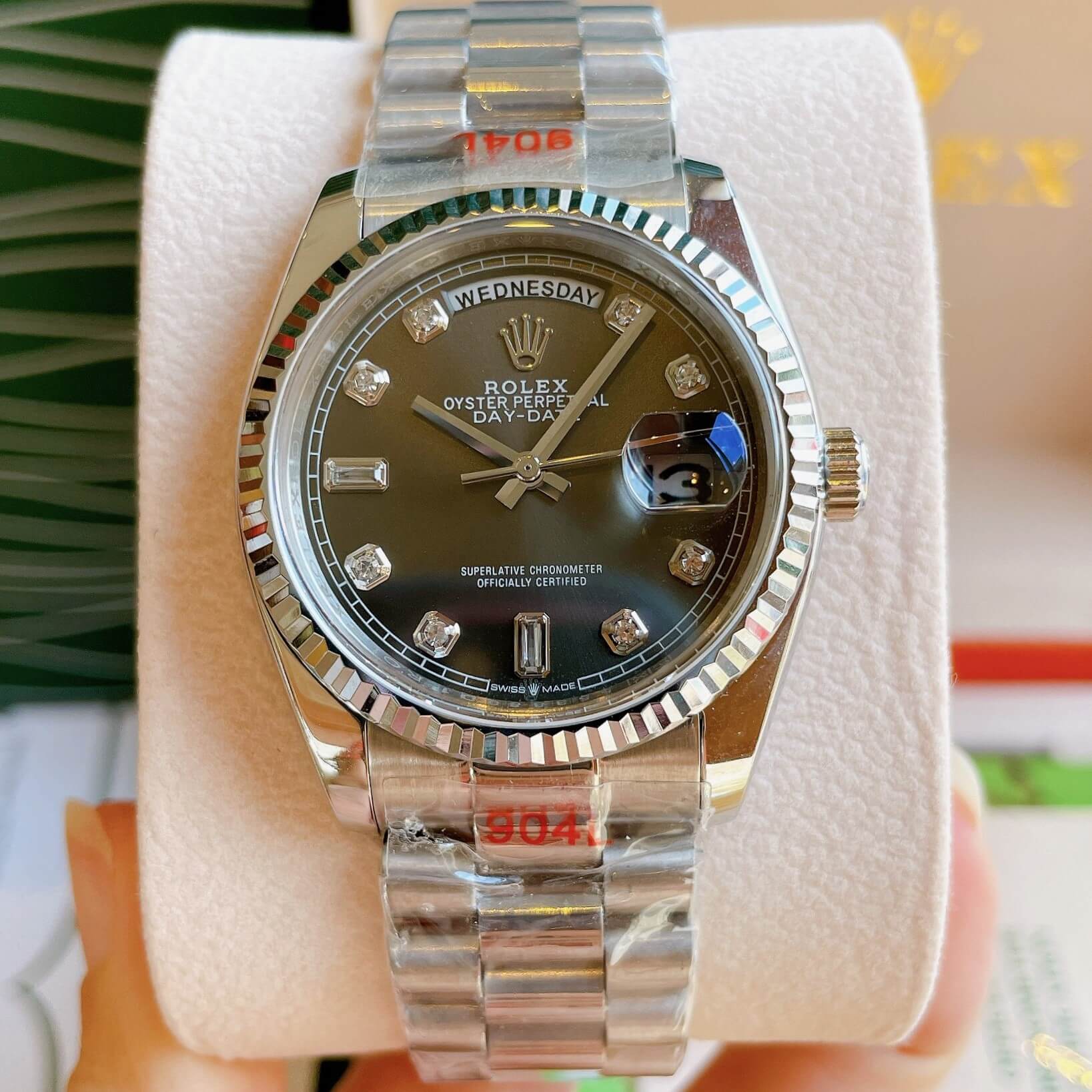 Đồng Hồ Rolex Day-Date Automatic Unisex Dây Kim Loại Bạc Mặt Xám 36mm