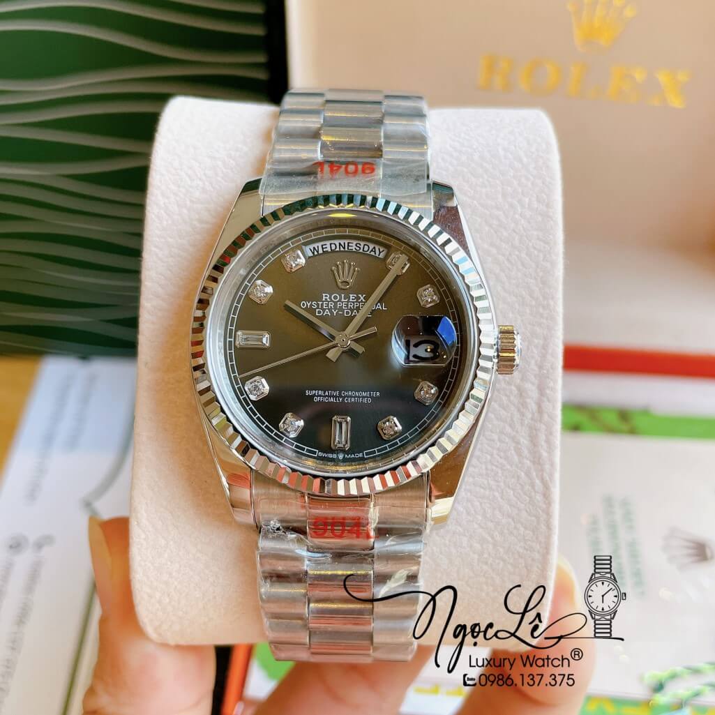 Đồng Hồ Rolex Day-Date Automatic Unisex Dây Kim Loại Bạc Mặt Xám 36mm