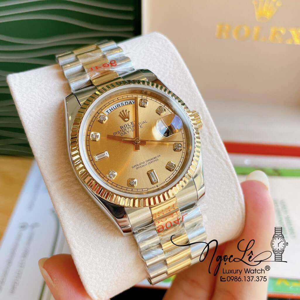 Đồng Hồ Rolex Day-Date Automatic Unisex Dây Kim Loại Demi Mặt Vàng 36mm