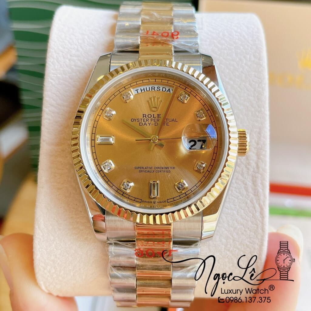 Đồng Hồ Rolex Day-Date Automatic Unisex Dây Kim Loại Demi Mặt Vàng 36mm