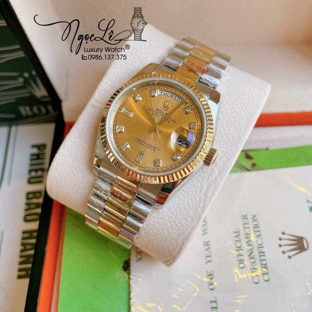 Đồng Hồ Rolex Day-Date Automatic Unisex Dây Kim Loại Demi Mặt Vàng 36mm