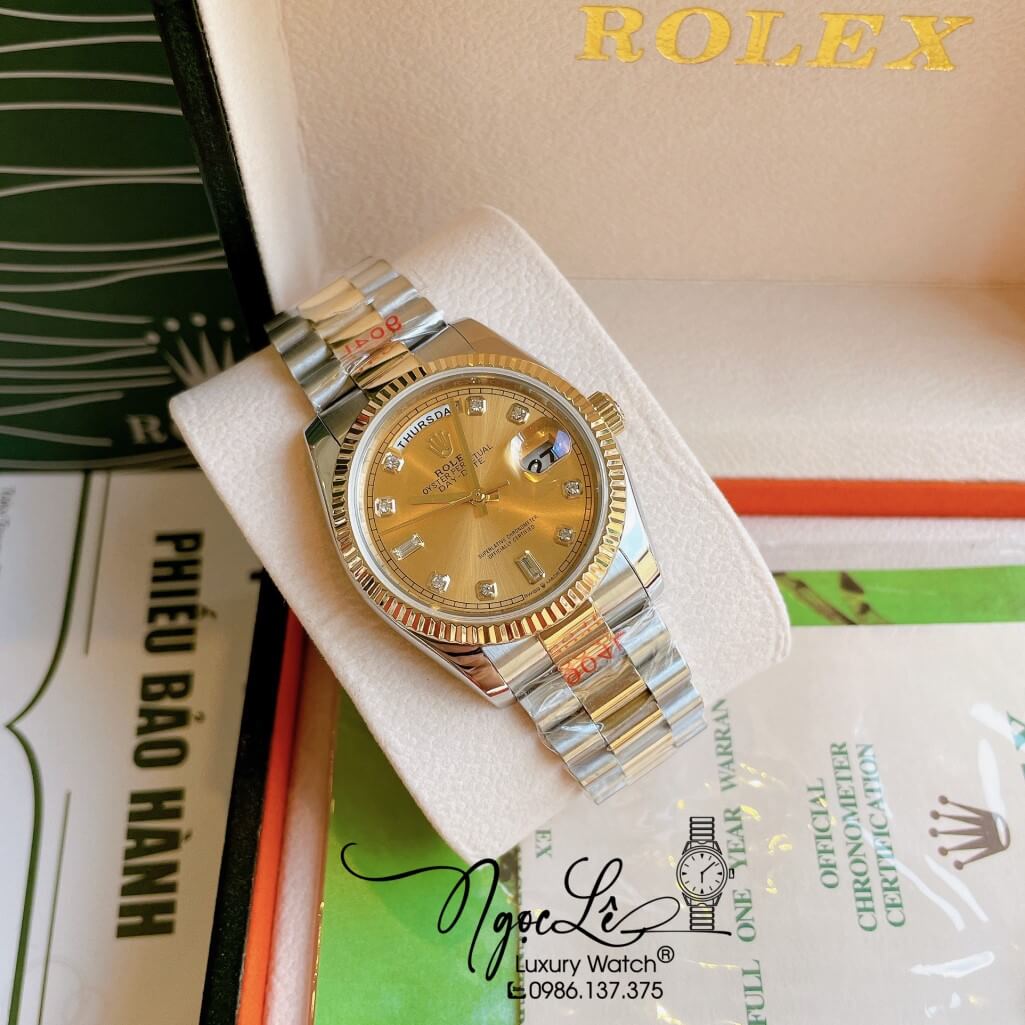 Đồng Hồ Rolex Day-Date Automatic Unisex Dây Kim Loại Demi Mặt Vàng 36mm