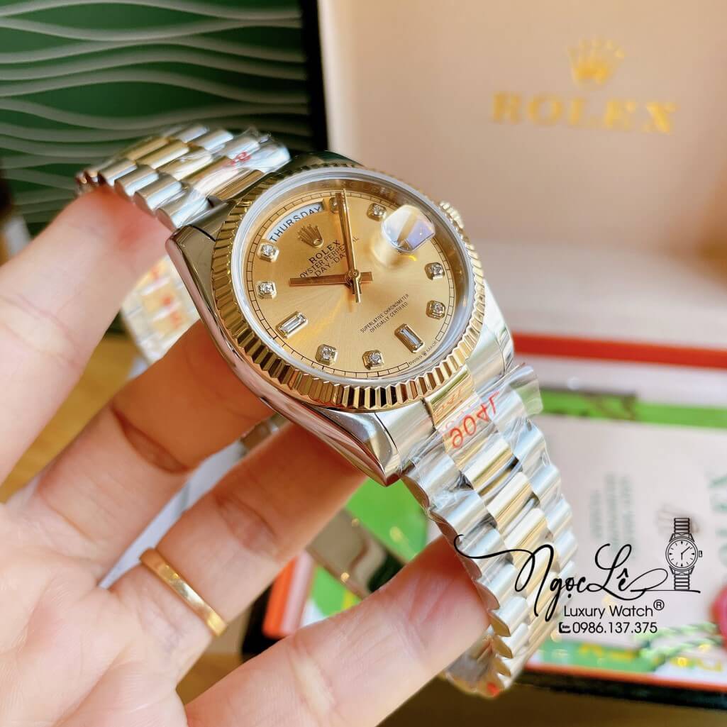 Đồng Hồ Rolex Day-Date Automatic Unisex Dây Kim Loại Demi Mặt Vàng 36mm