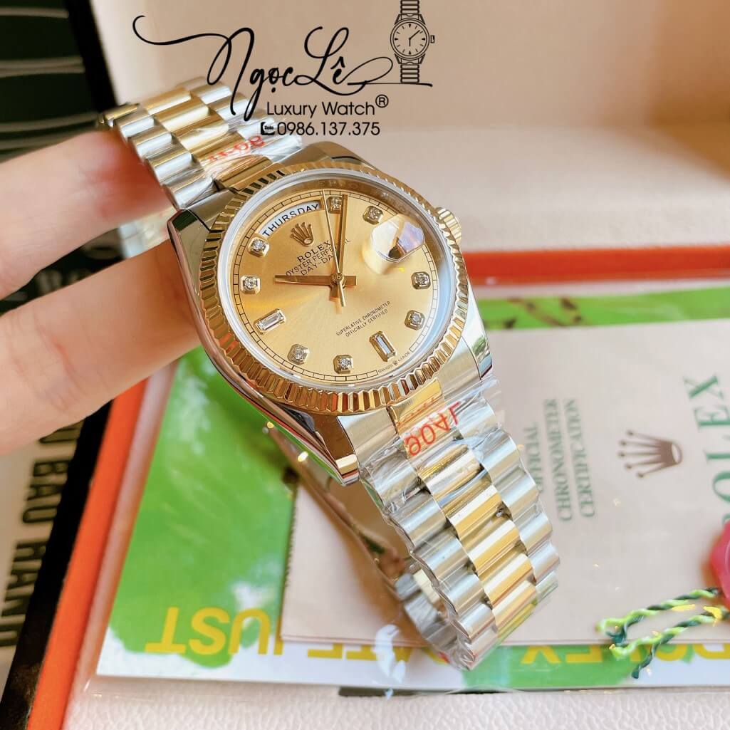 Đồng Hồ Rolex Day-Date Automatic Unisex Dây Kim Loại Demi Mặt Vàng 36mm