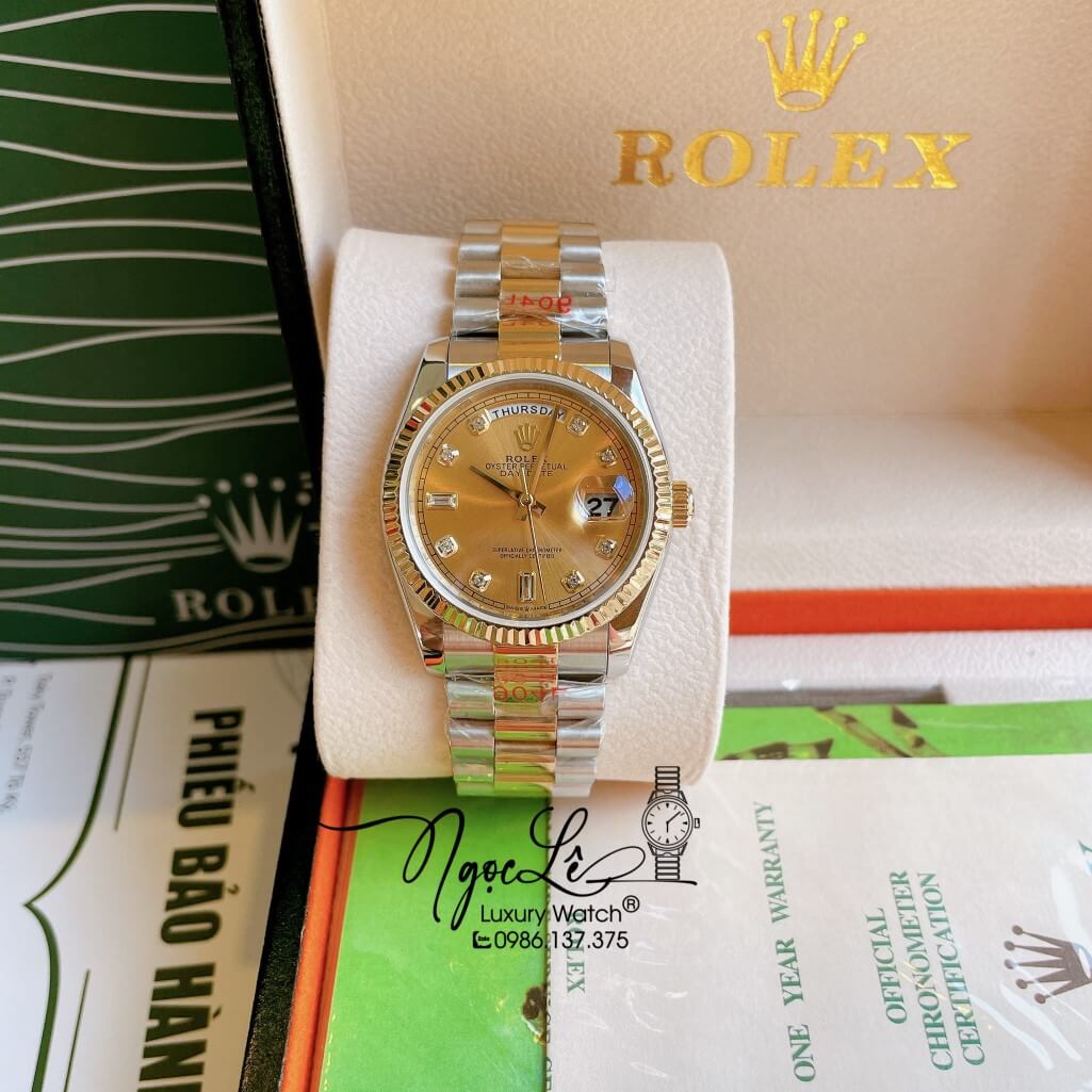 Đồng Hồ Rolex Day-Date Automatic Unisex Dây Kim Loại Demi Mặt Vàng 36mm