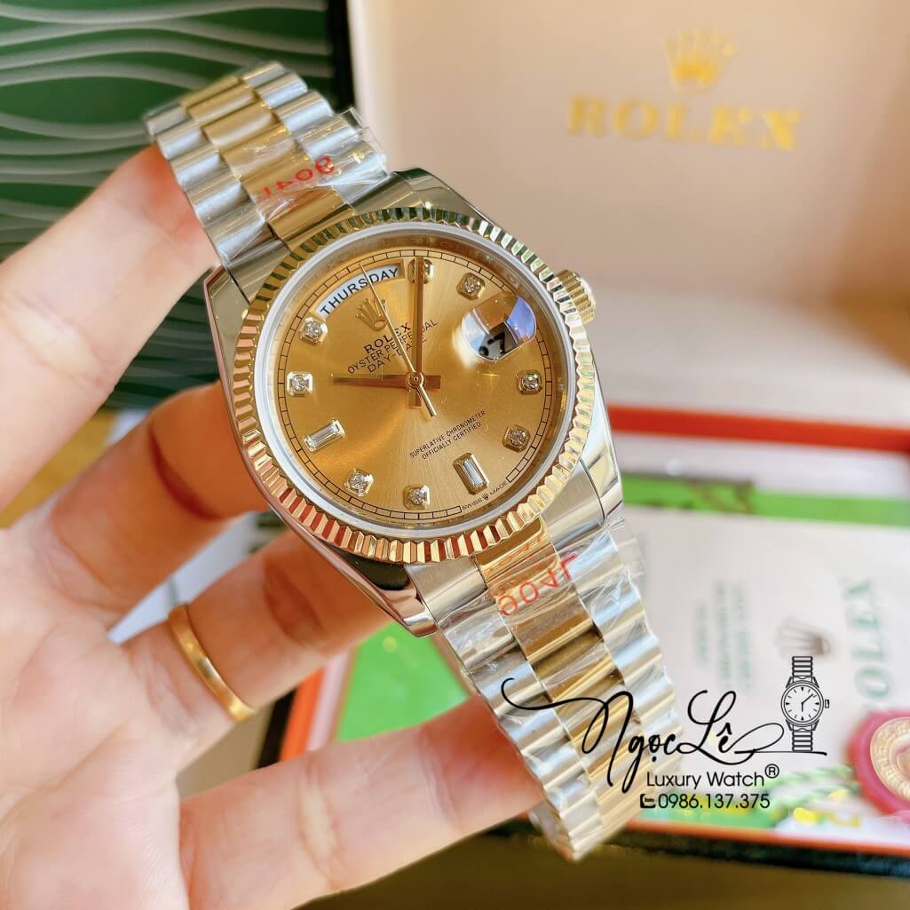 Đồng Hồ Rolex Day-Date Automatic Unisex Dây Kim Loại Demi Mặt Vàng 36mm