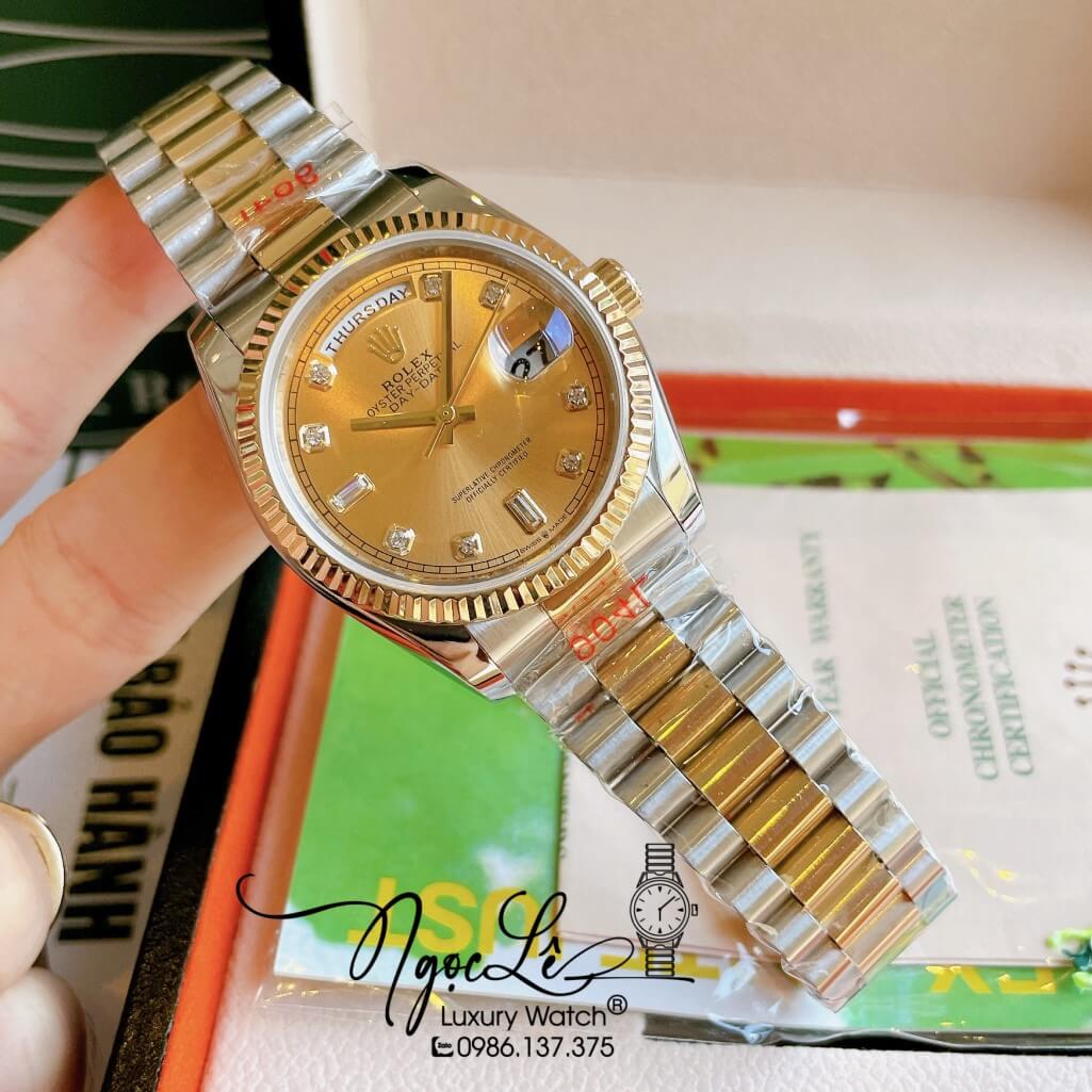 Đồng Hồ Rolex Day-Date Automatic Unisex Dây Kim Loại Demi Mặt Vàng 36mm