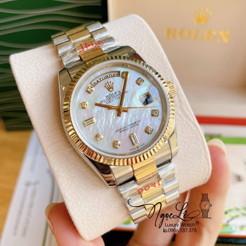 Đồng Hồ Rolex Day-Date Automatic Unisex Dây Kim Loại Demi Mặt Xà Cừ Trắng 36mm