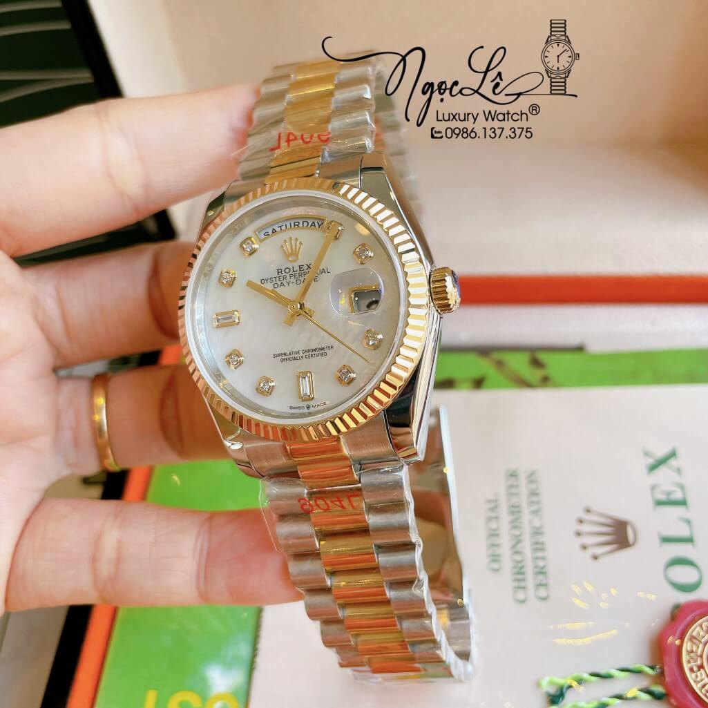 Đồng Hồ Rolex Day-Date Automatic Unisex Dây Kim Loại Demi Mặt Xà Cừ Trắng 36mm