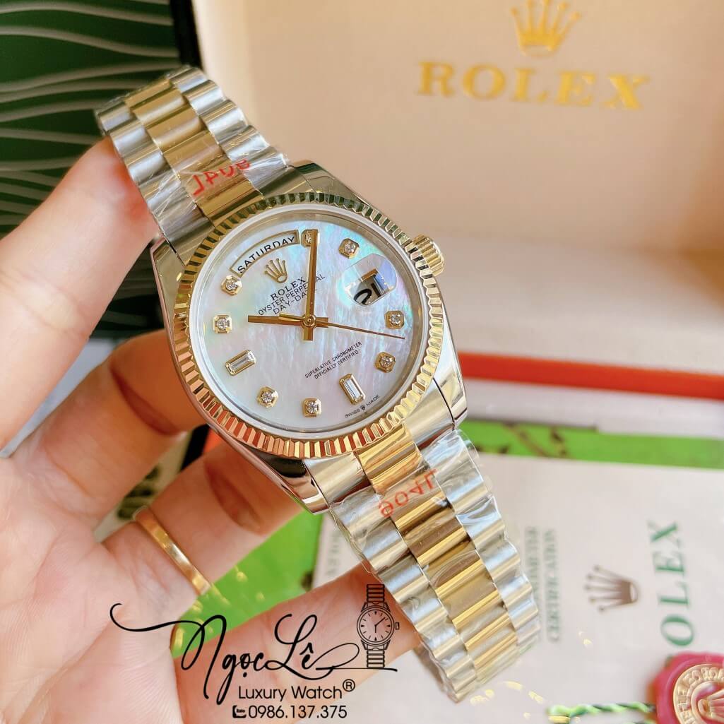 Đồng Hồ Rolex Day-Date Automatic Unisex Dây Kim Loại Demi Mặt Xà Cừ Trắng 36mm