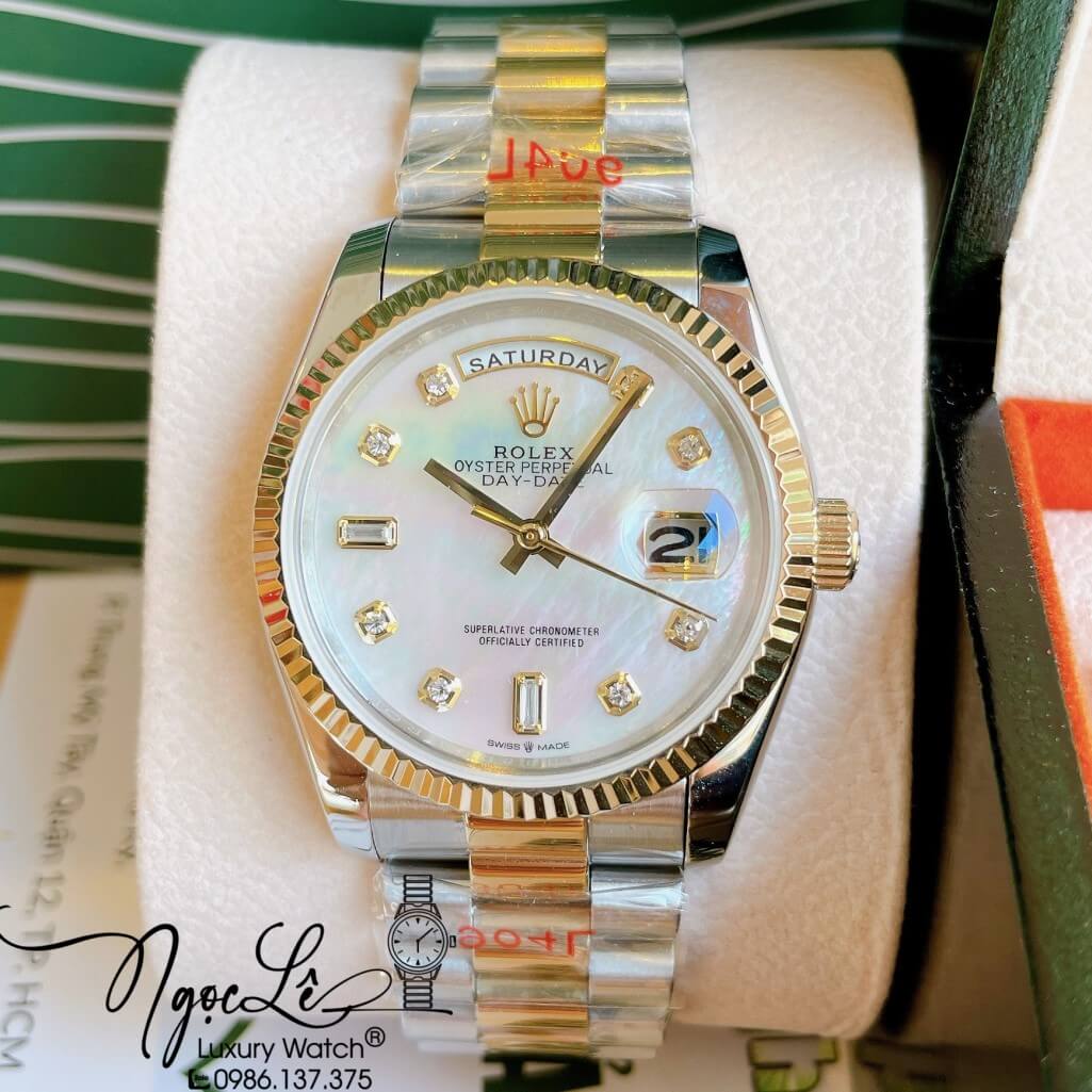 Đồng Hồ Rolex Day-Date Automatic Unisex Dây Kim Loại Demi Mặt Xà Cừ Trắng 36mm