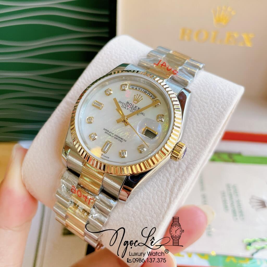 Đồng Hồ Rolex Day-Date Automatic Unisex Dây Kim Loại Demi Mặt Xà Cừ Trắng 36mm