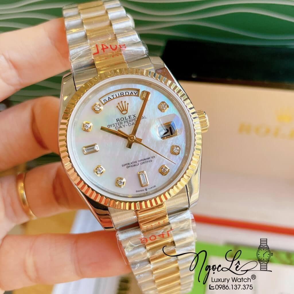 Đồng Hồ Rolex Day-Date Automatic Unisex Dây Kim Loại Demi Mặt Xà Cừ Trắng 36mm