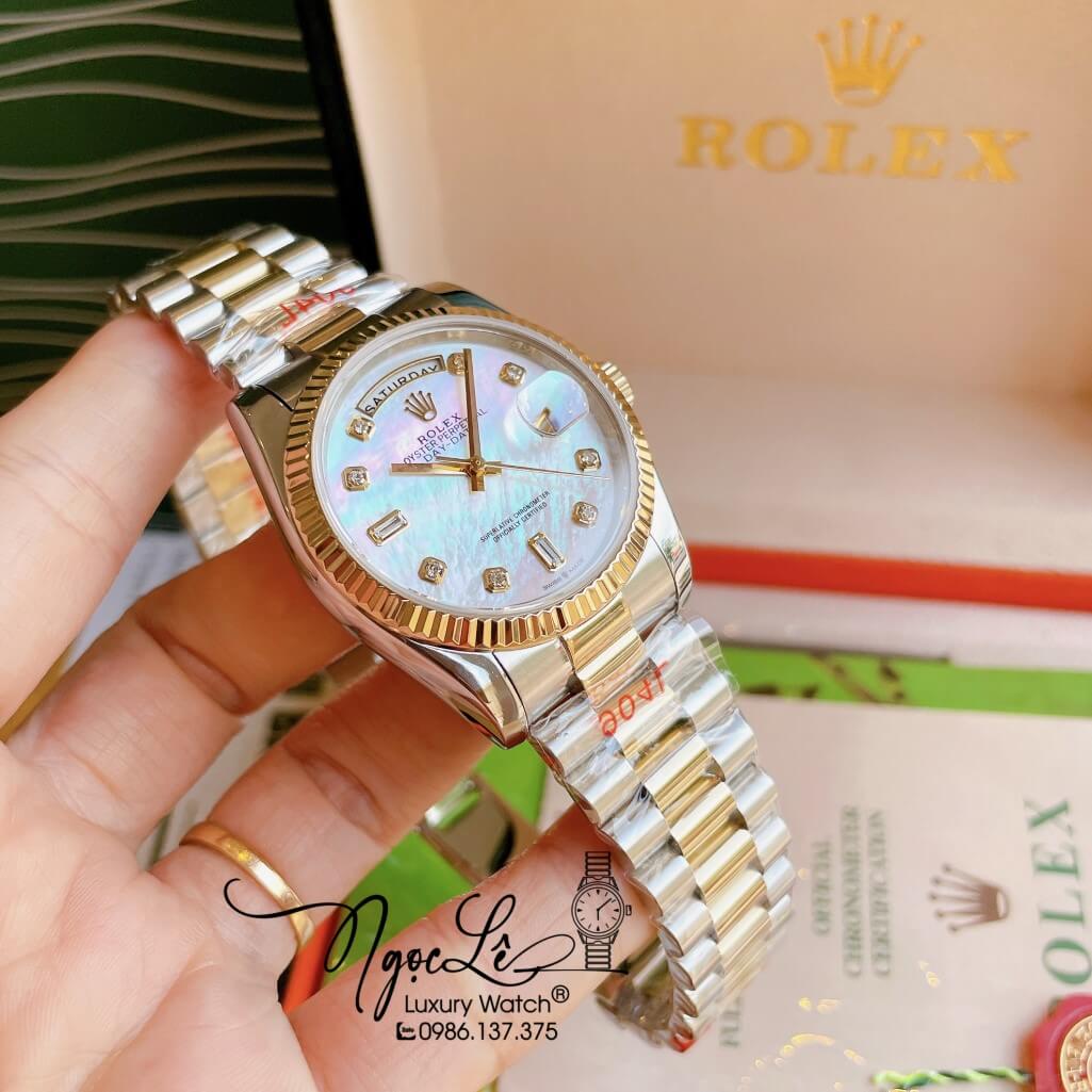 Đồng Hồ Rolex Day-Date Automatic Unisex Dây Kim Loại Demi Mặt Xà Cừ Trắng 36mm