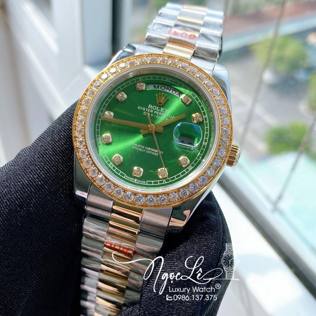 Đồng Hồ Rolex Day-Date Automatic Dây Kim Loại Demi Mặt Xanh Lá Đính Đá 41mm