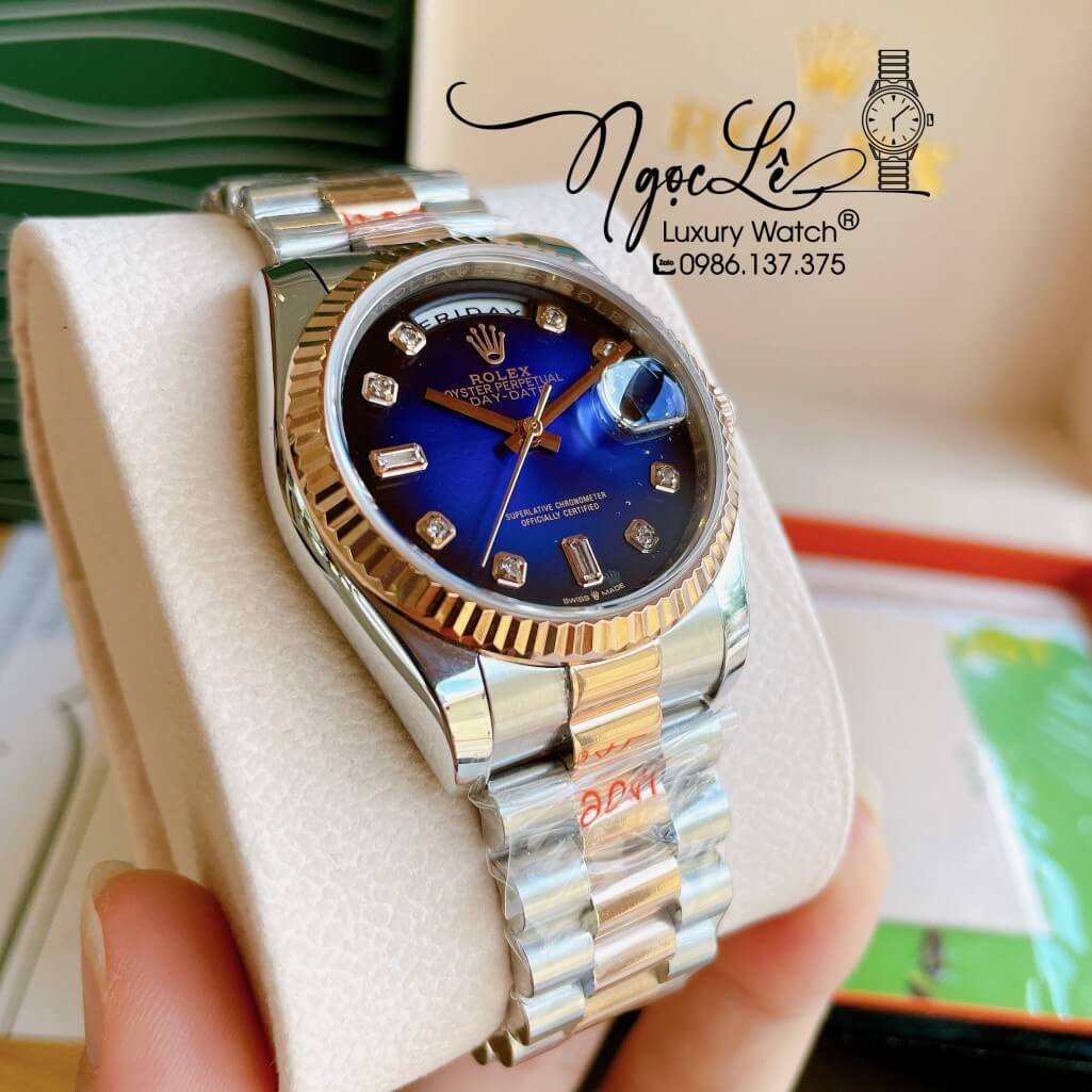 Đồng Hồ Rolex Day-Date Automatic Unisex Dây Kim Loại Demi Rose Mặt Ombre Xanh 36mm