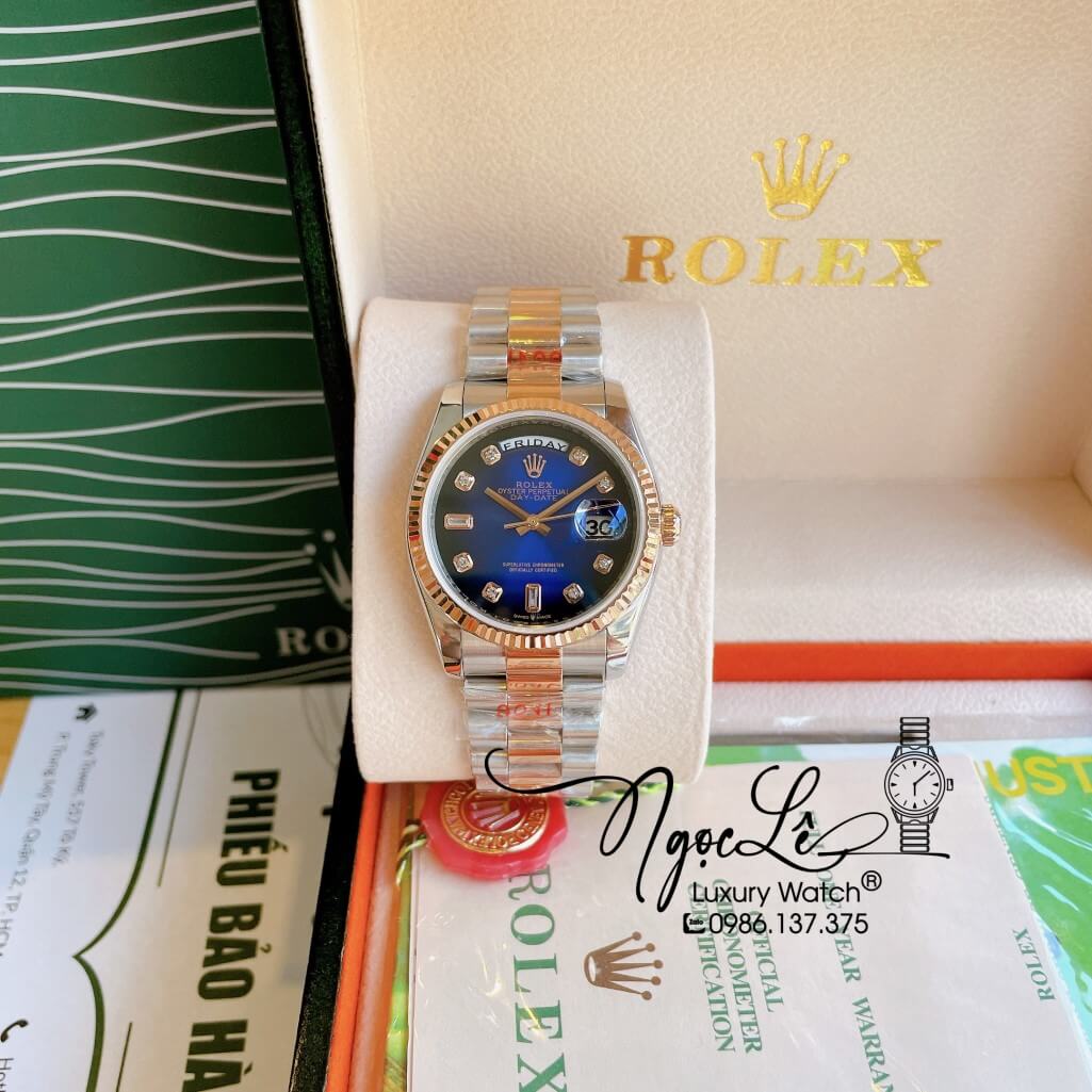 Đồng Hồ Rolex Day-Date Automatic Unisex Dây Kim Loại Demi Rose Mặt Ombre Xanh 36mm
