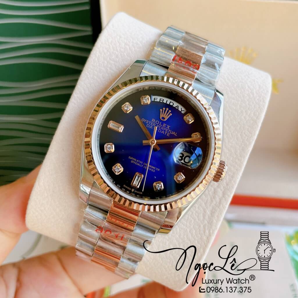 Đồng Hồ Rolex Day-Date Automatic Unisex Dây Kim Loại Demi Rose Mặt Ombre Xanh 36mm