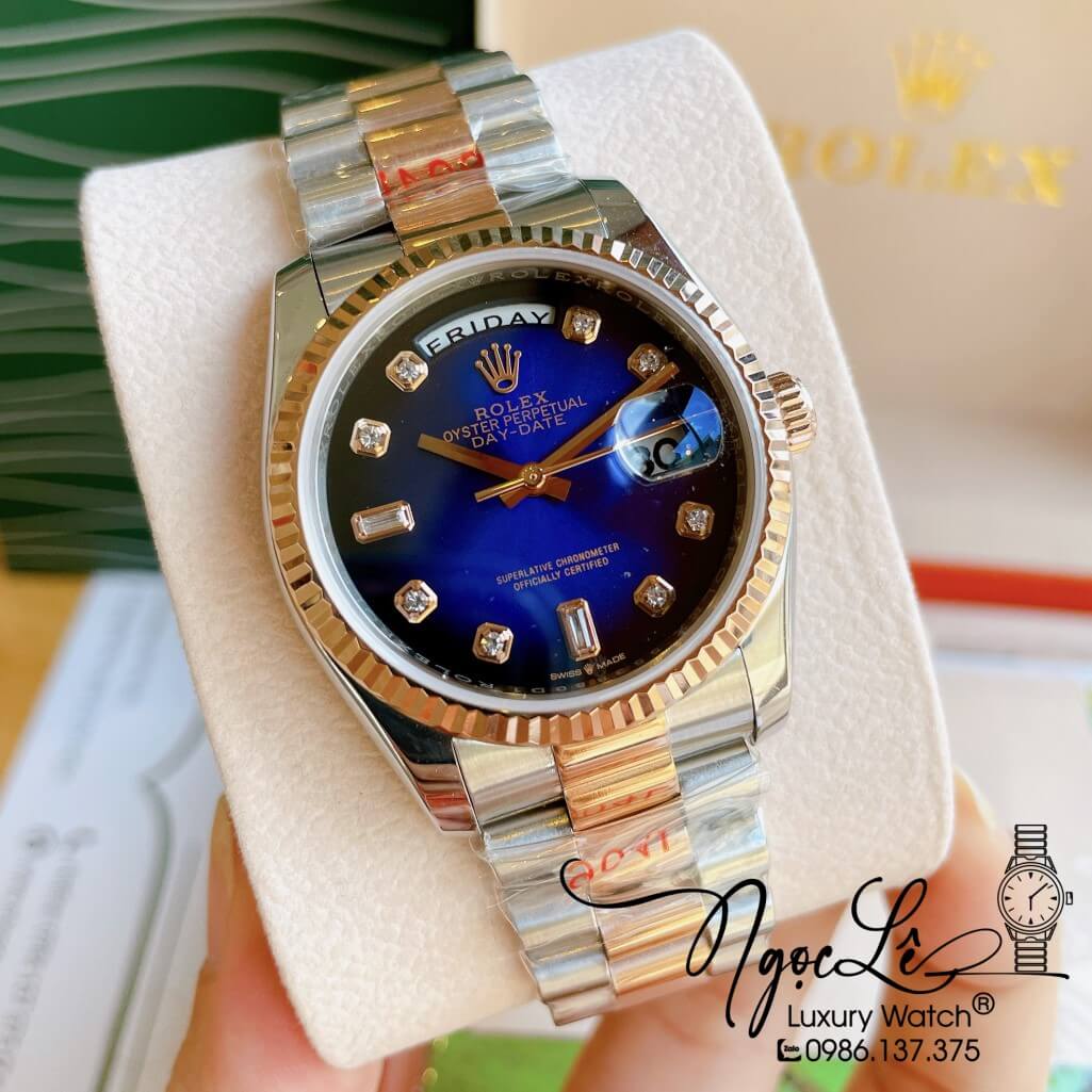 Đồng Hồ Rolex Day-Date Automatic Unisex Dây Kim Loại Demi Rose Mặt Ombre Xanh 36mm