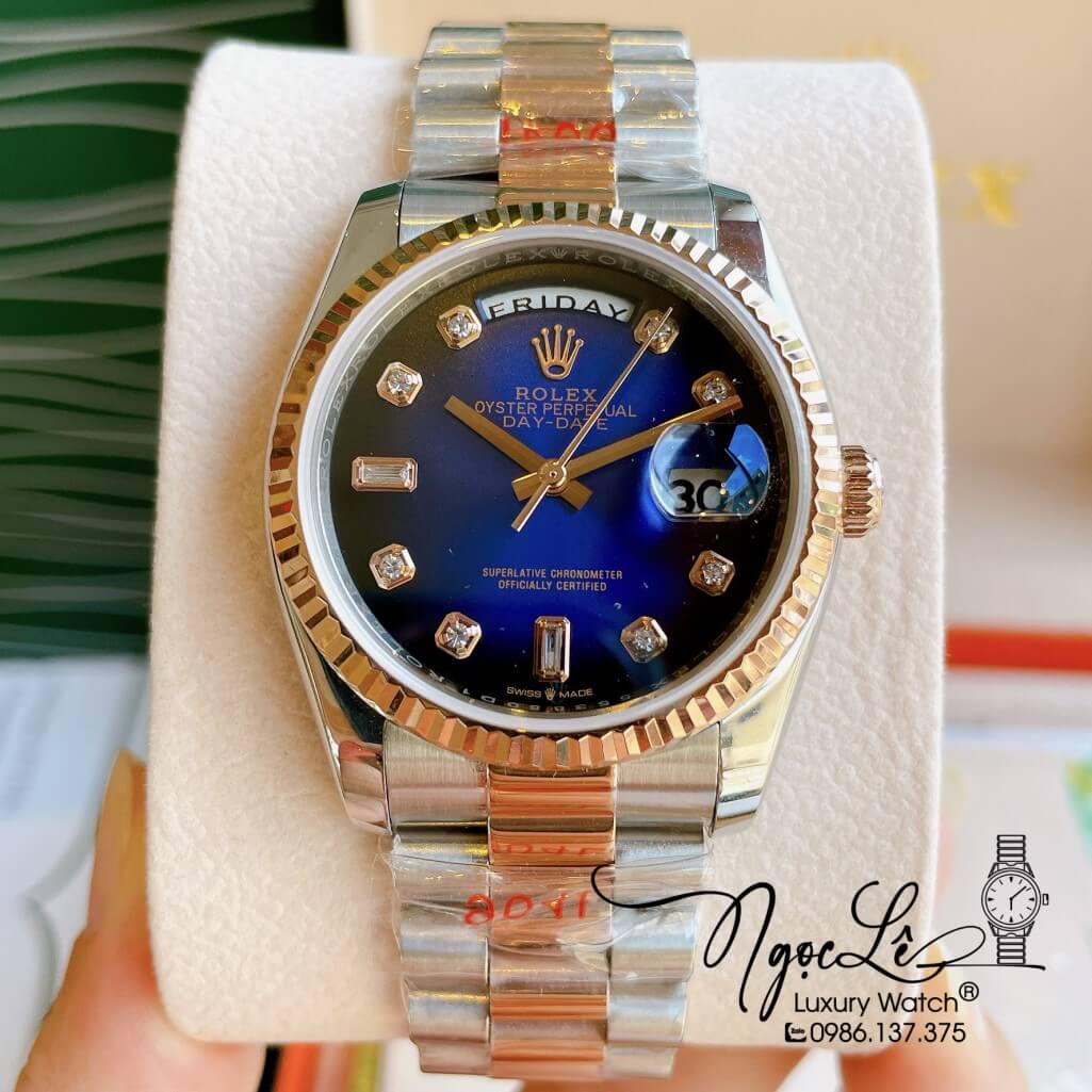 Đồng Hồ Rolex Day-Date Automatic Unisex Dây Kim Loại Demi Rose Mặt Ombre Xanh 36mm