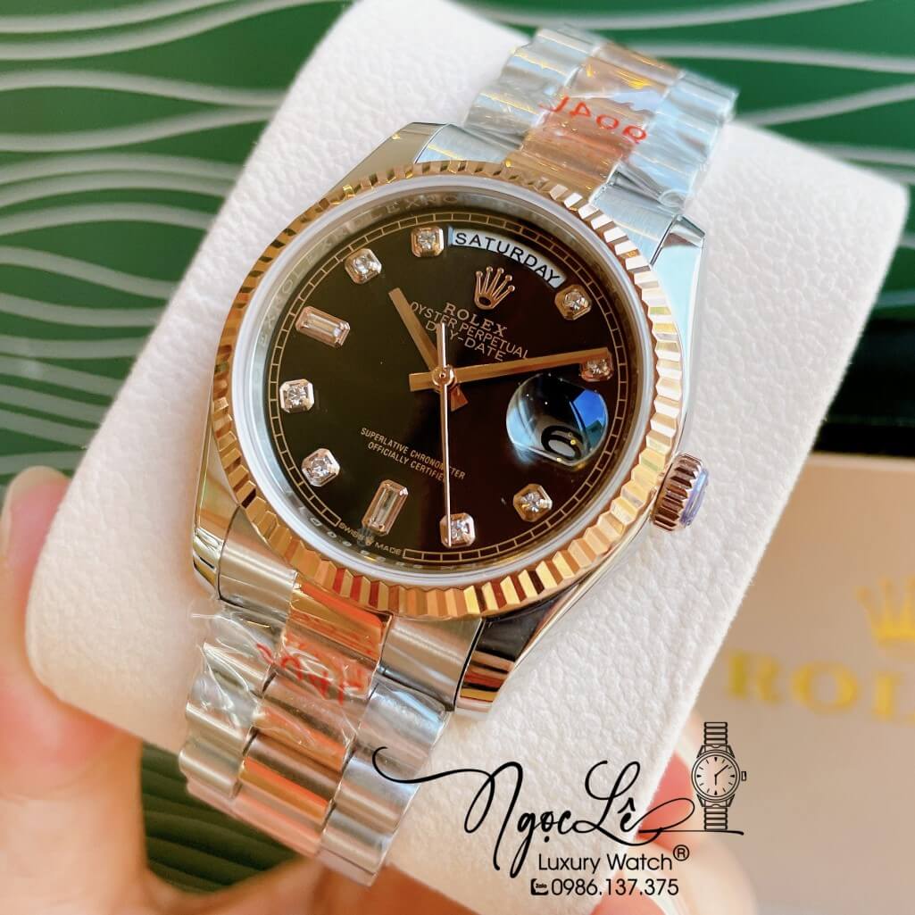 Đồng Hồ Rolex Day-Date Automatic Unisex Dây Kim Loại Demi Rose Mặt Đen 36mm