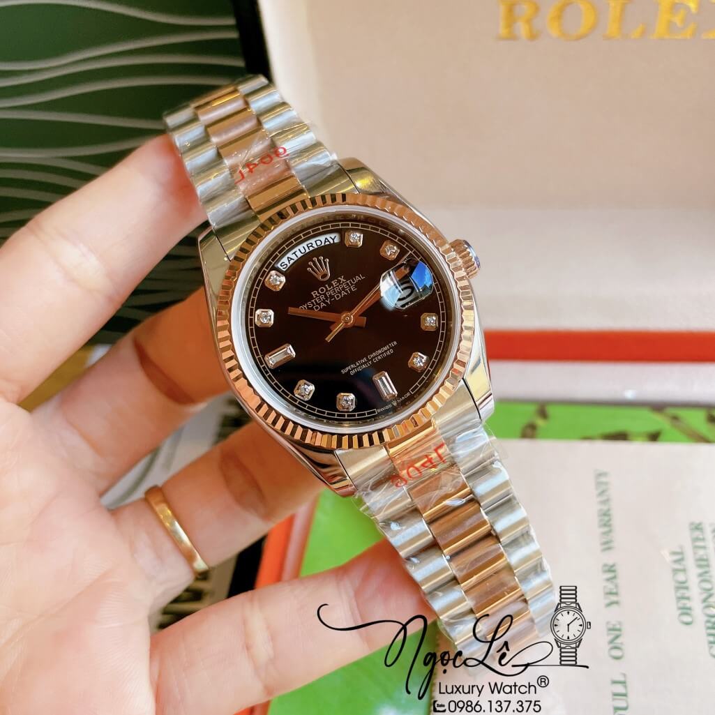 Đồng Hồ Rolex Day-Date Automatic Unisex Dây Kim Loại Demi Rose Mặt Đen 36mm