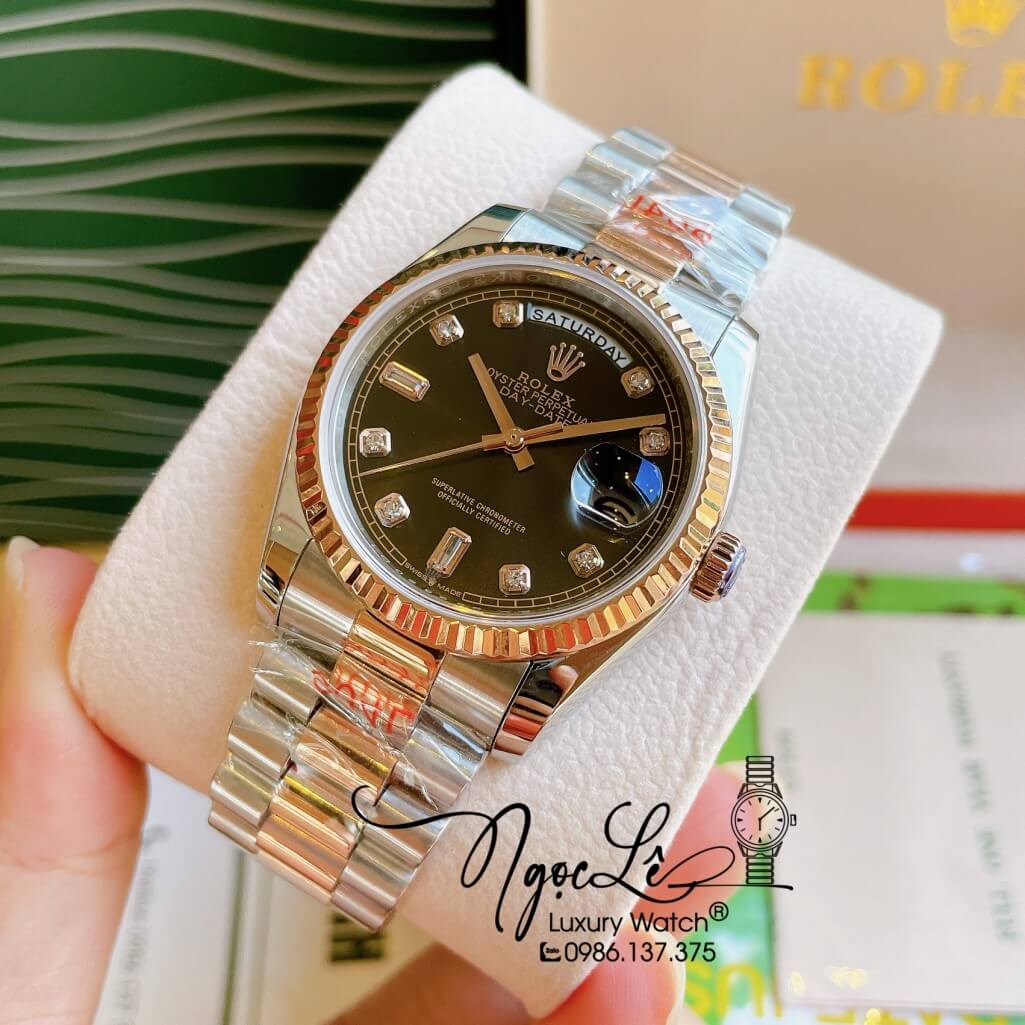 Đồng Hồ Rolex Day-Date Automatic Unisex Dây Kim Loại Demi Rose Mặt Đen 36mm