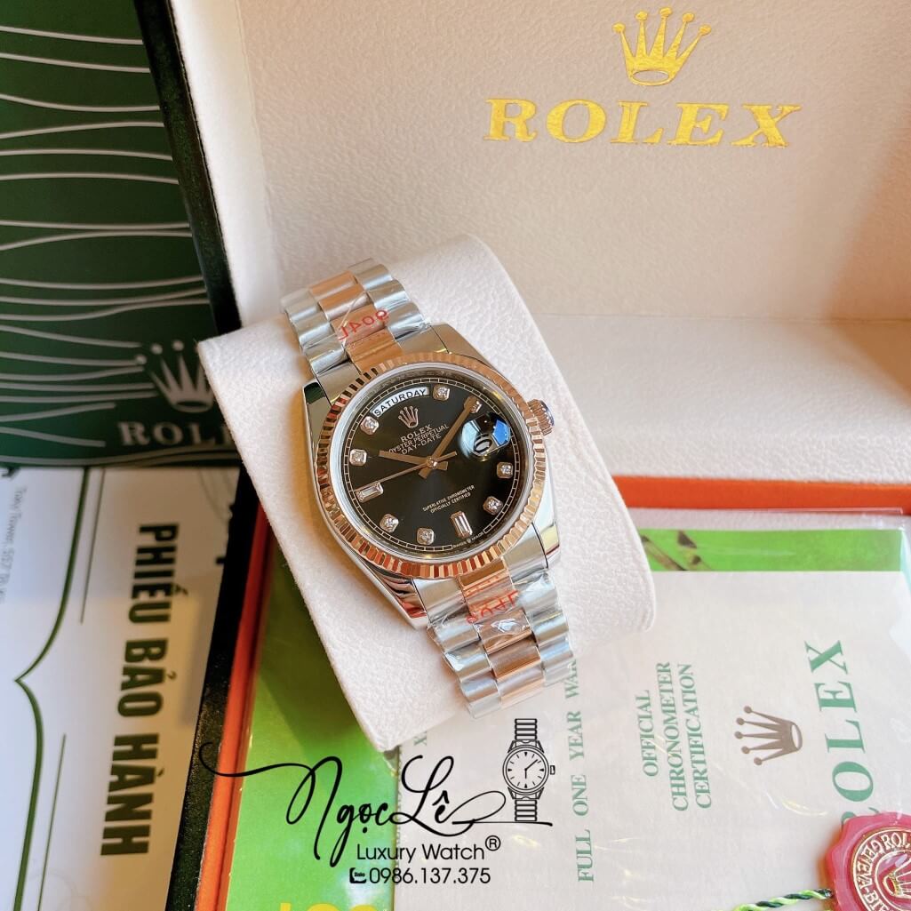 Đồng Hồ Rolex Day-Date Automatic Unisex Dây Kim Loại Demi Rose Mặt Đen 36mm