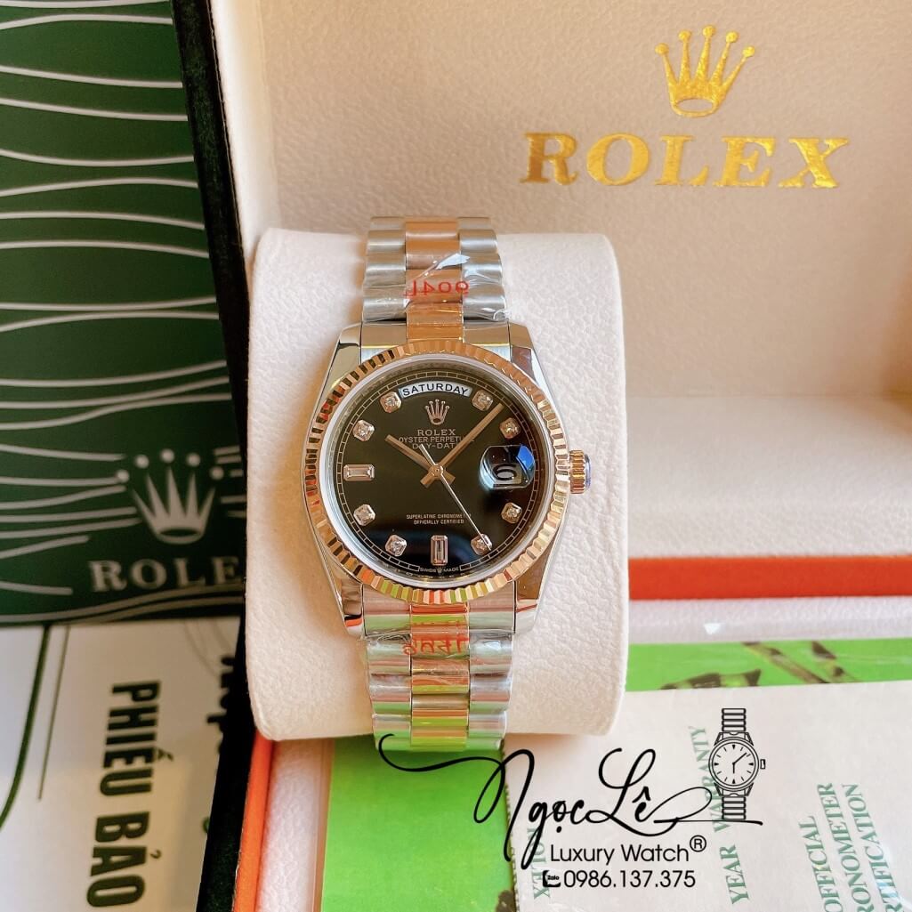 Đồng Hồ Rolex Day-Date Automatic Unisex Dây Kim Loại Demi Rose Mặt Đen 36mm